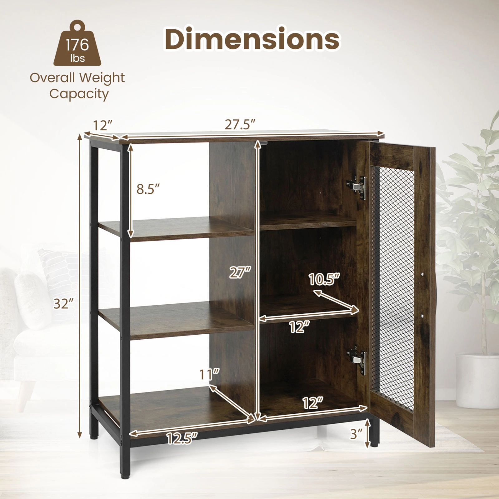 SUGIFT Industrial Side Cabinet Rustic Brown with Metal Mesh Doors and 3 Open Shelves