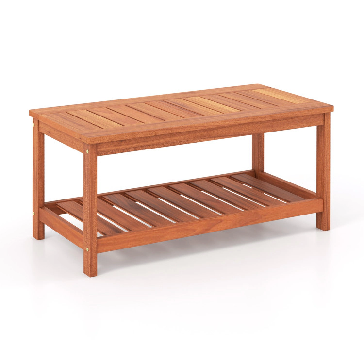 Hivvago 2-Tier Patio Coffee Table With Slatted Tabletop And Shelf