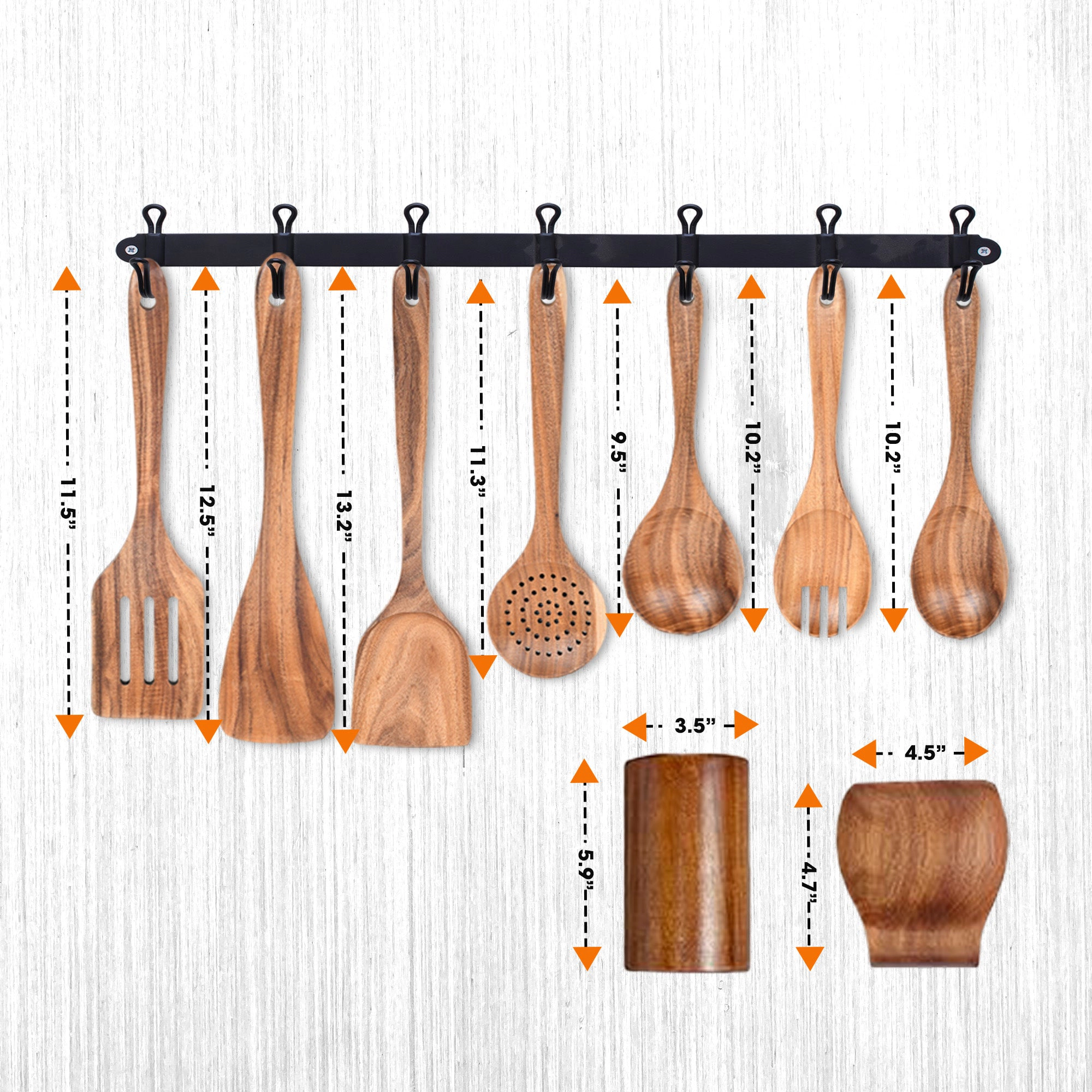 Cheer Collection 9-Piece Deluxe Wood Utensil Set w/ Holder & Spoon Rest