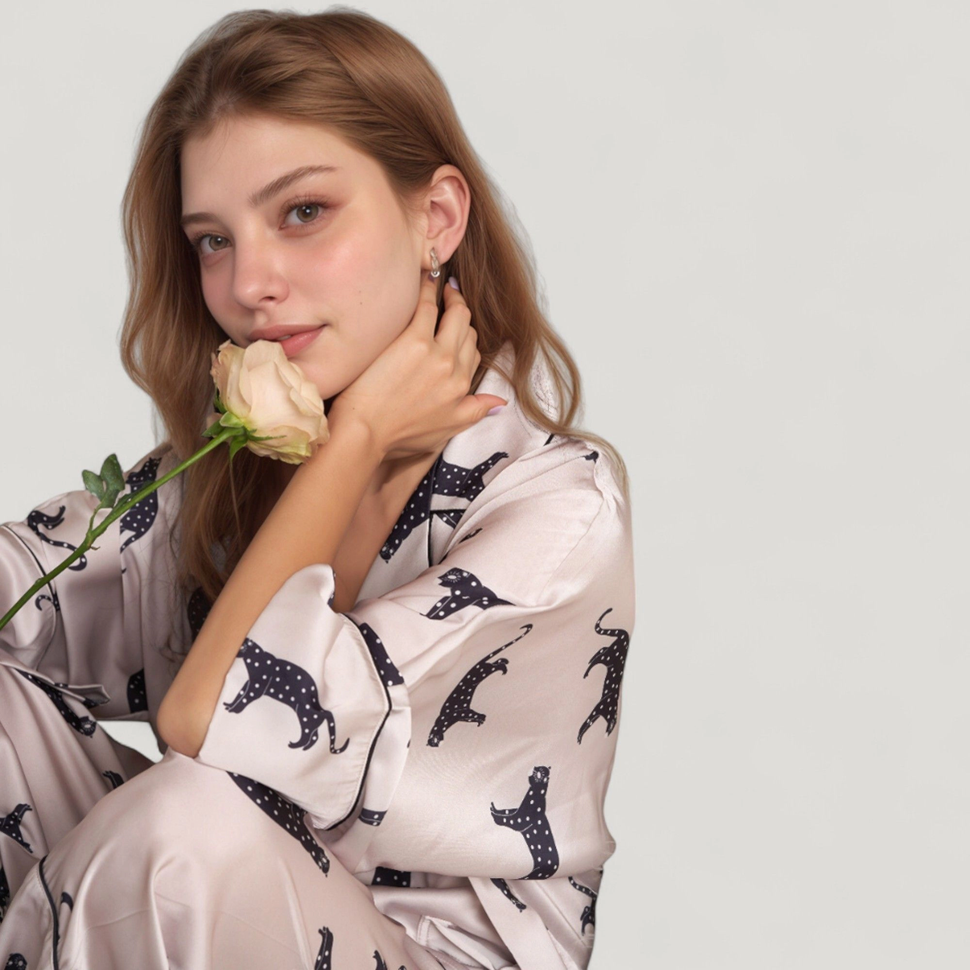 Anna-Kaci Women's Cat Print Satin Pajama Set Long Sleeve Button Up Top with Elastic Waist Full-Length Pants