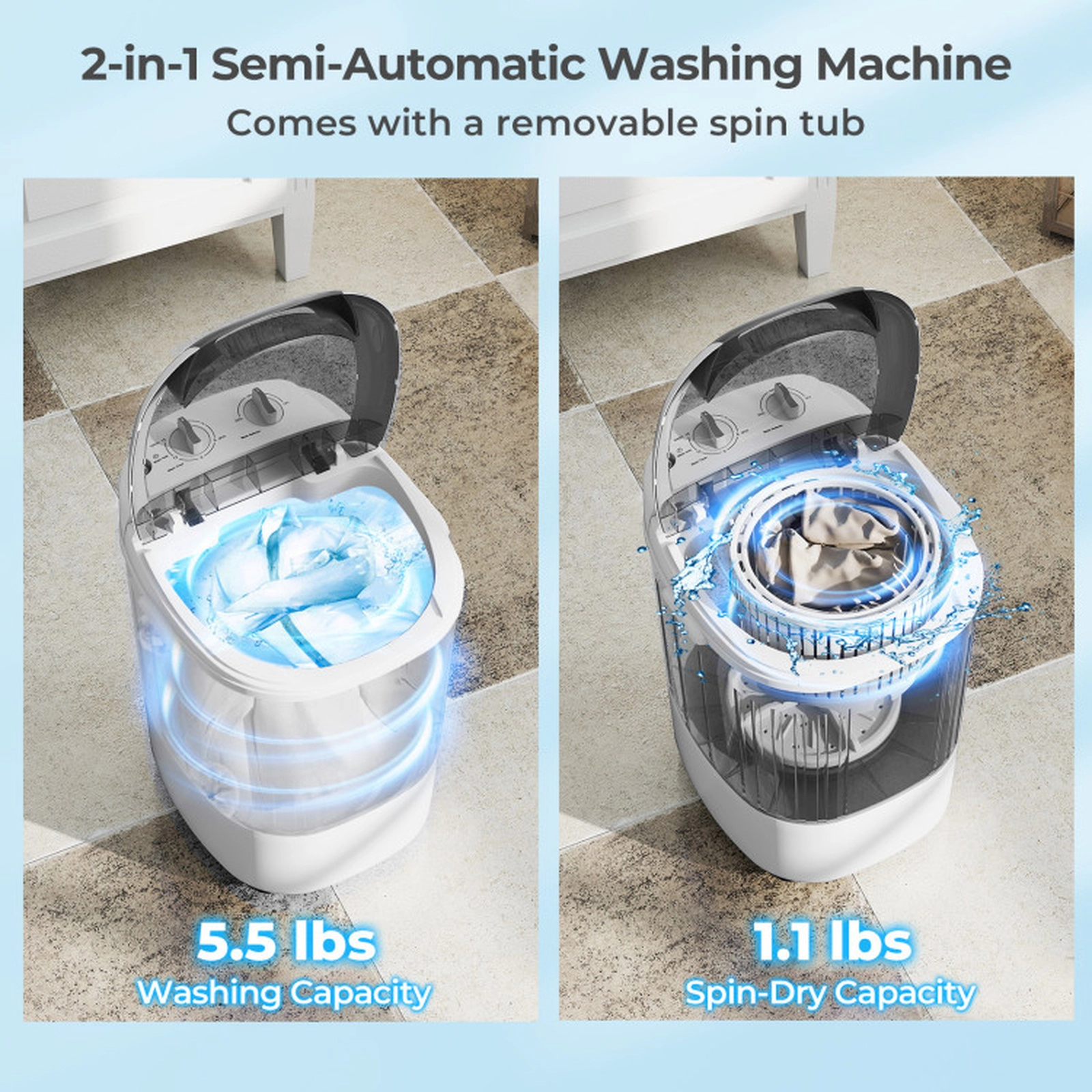 SUGIFT 5.5-lb Mini Semi-Automatic Portable Washing Machine with Spin Tub 4 Preset Cycles and IPX4 Rating