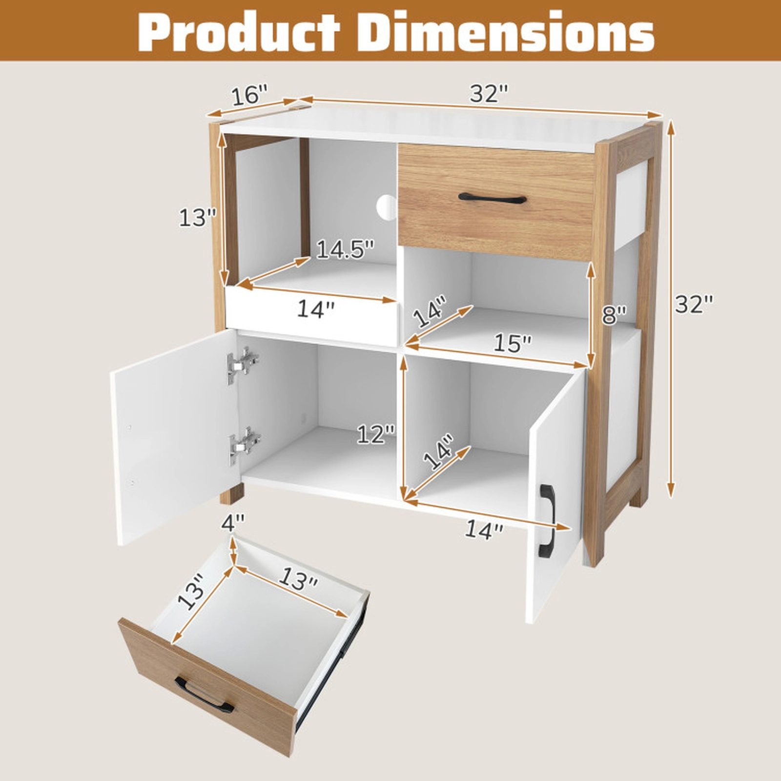 SUGIFT Kitchen Storage Sideboard Cabinet with Drawer Pull-Out Shelf, Drawer and 2 Doors 44-lb Countertop Capacity