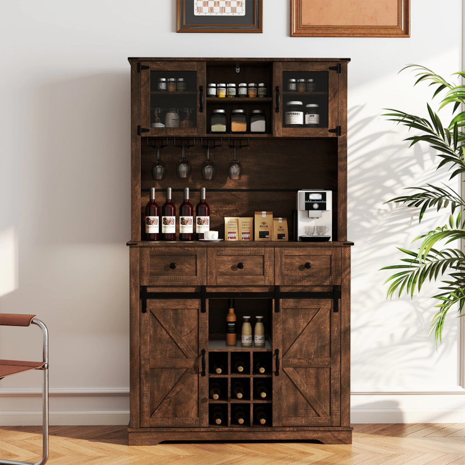 SUGIFT Coffee Bar Sideboard Cabinet with Glass Hutch Drawers Wine Rack 150-lb Countertop Capacity Brown