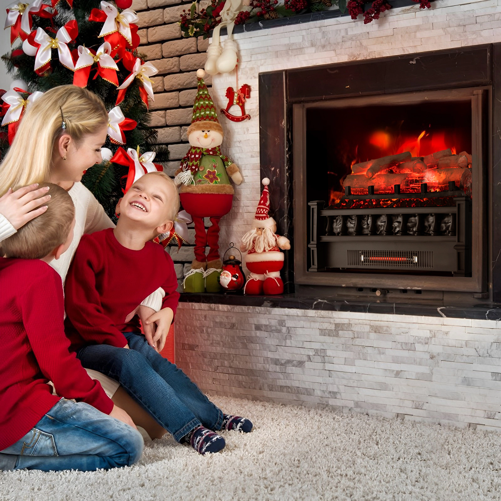LJG 20 Inch Electric Fireplace Heater with Realistic Birchwood Ember Bed