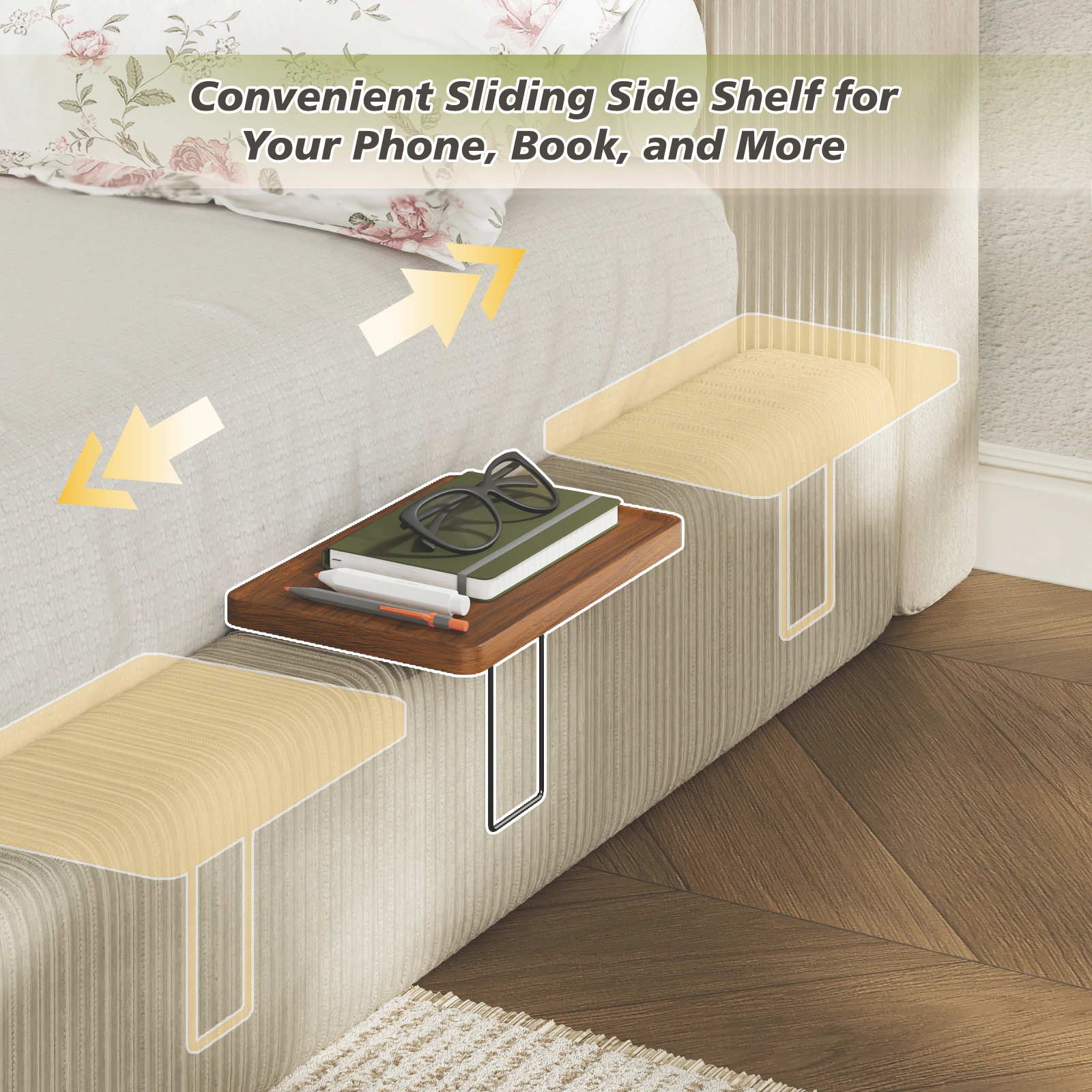 Flynama King Bed Frame with Sliding Side Table, 8.7" Cloud Upholstered Cushion, Cream White