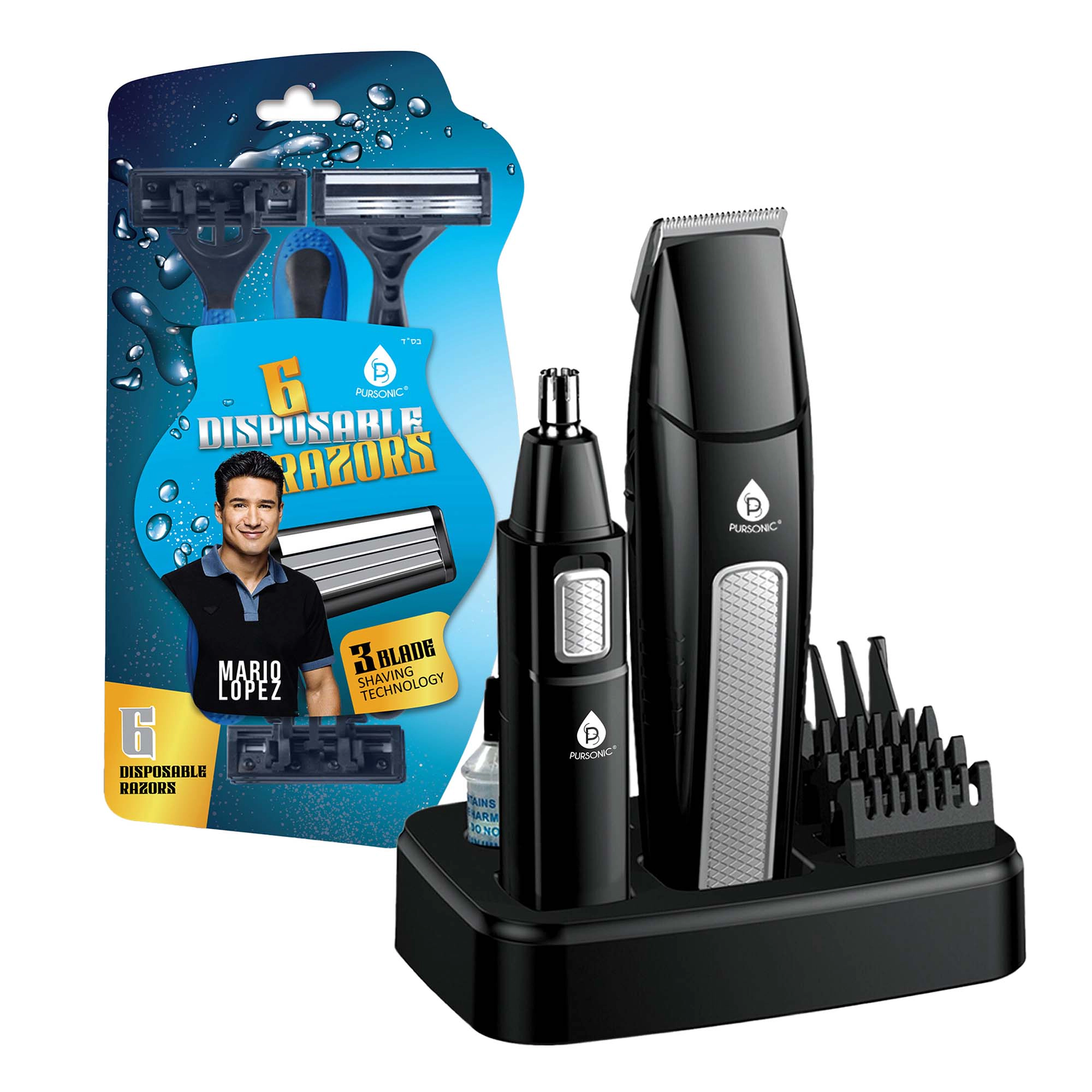 Pursonic Men's Grooming Essentials 10-Piece Hair, Beard & Body Grooming Kit with Disposable Razors Bundle