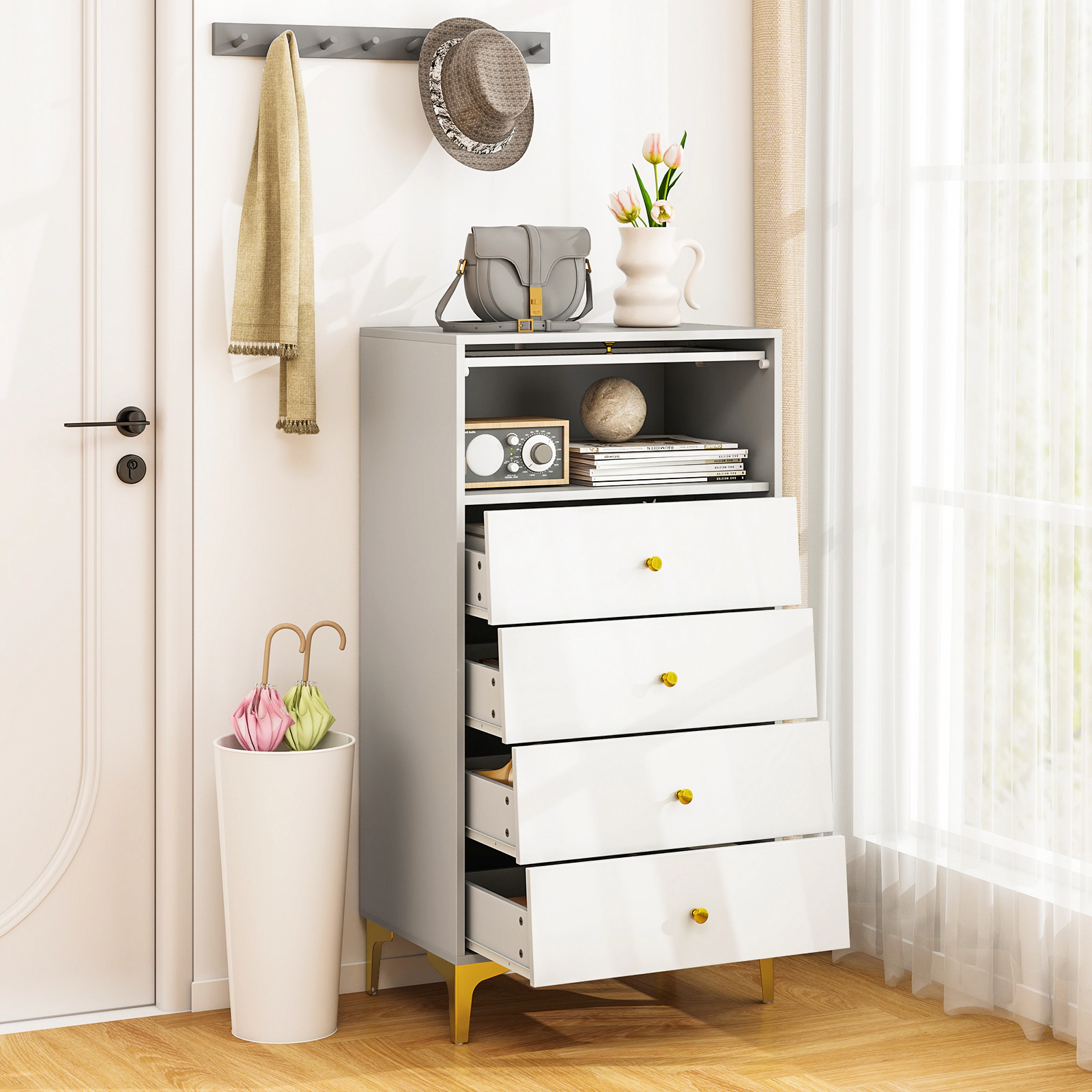 Slickblue Bedroom Storage Cabinet with 4 Drawers and Fluted Tempered Glass Door Gray White