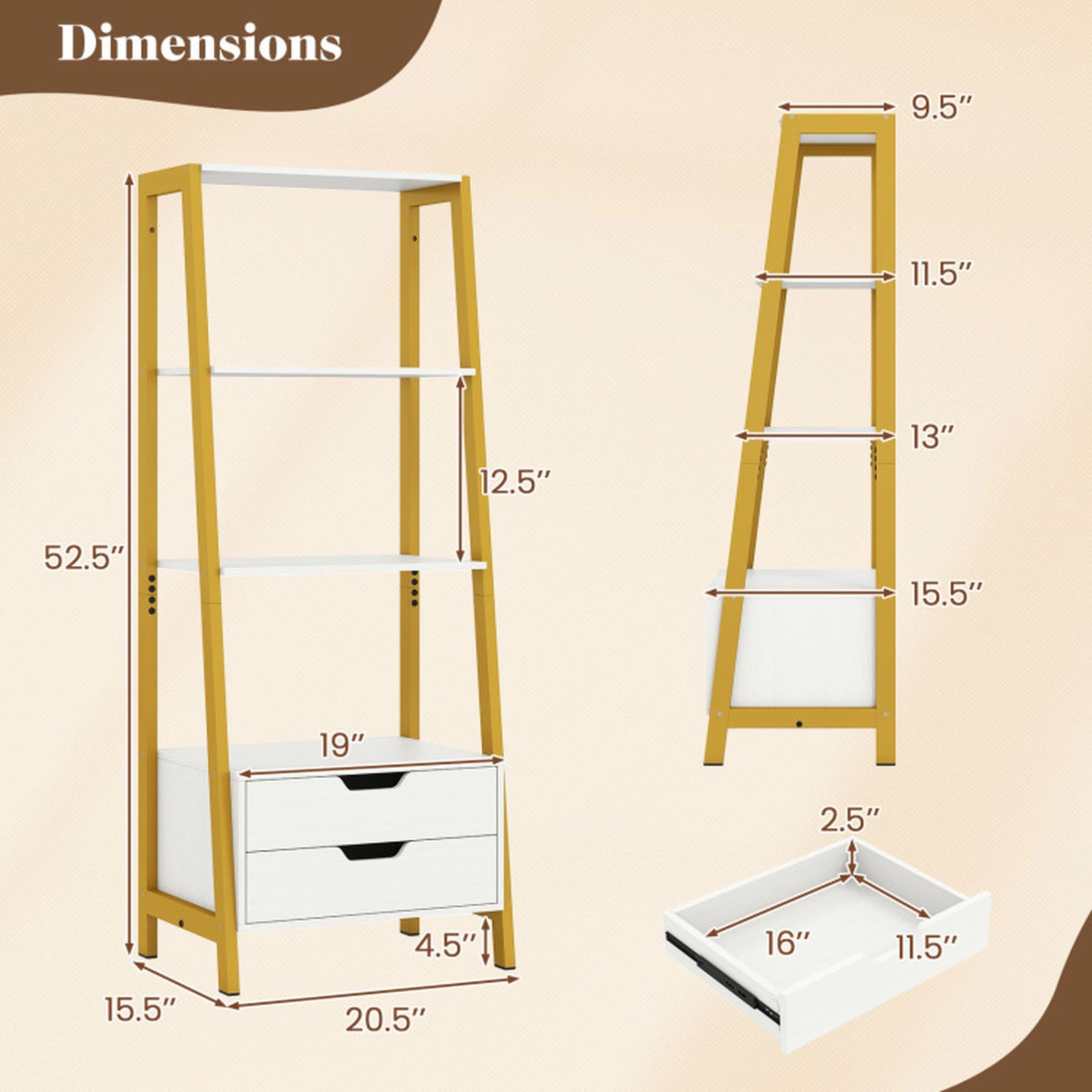 SUGIFT 4-Tier Ladder Shelf with 2 Drawers Freestanding Bookcase 200-lb Total Capacity 40-lb Shelves 20-lb Drawers White