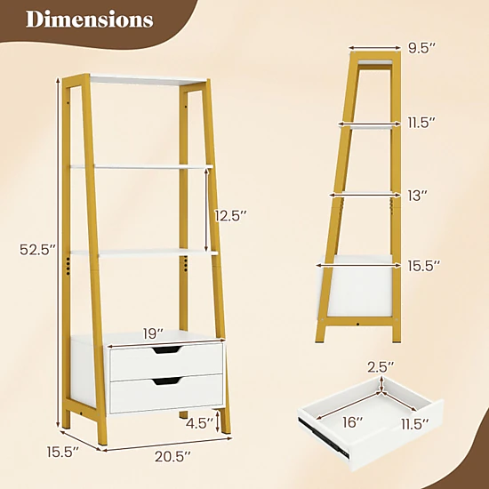 SUGIFT 4-Tier Ladder Shelf with 2 Drawers Freestanding Bookcase 200-lb Total Capacity 40-lb Shelves 20-lb Drawers White