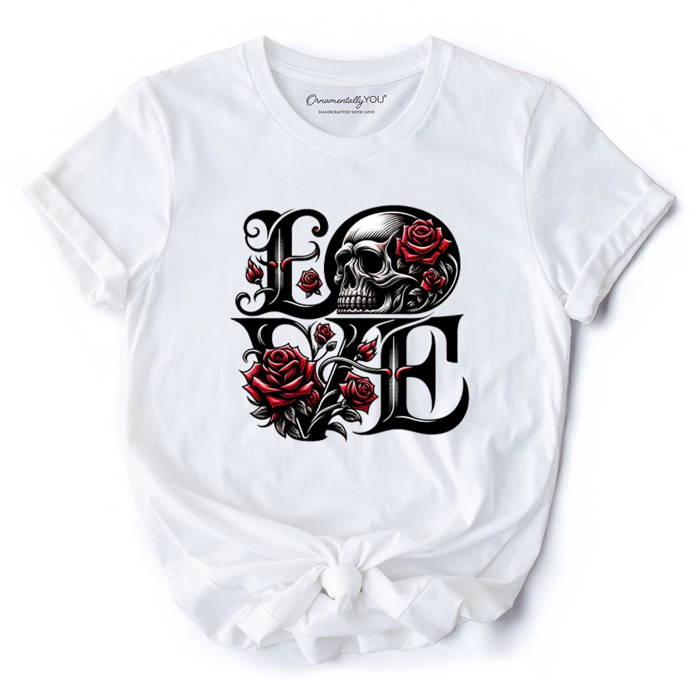 OrnamentallyYou Unisex Gothic Love Skull Roses Dark Valentine Romance T-Shirt