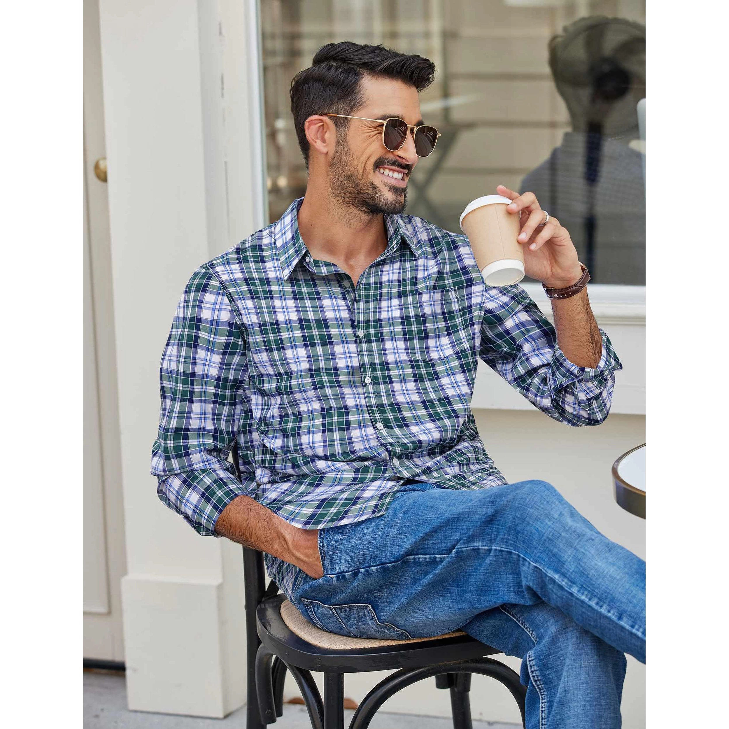 COOFANDY Mens Casual Plaid Long Sleeve Button Down Shirts Spread Collar Check Tops