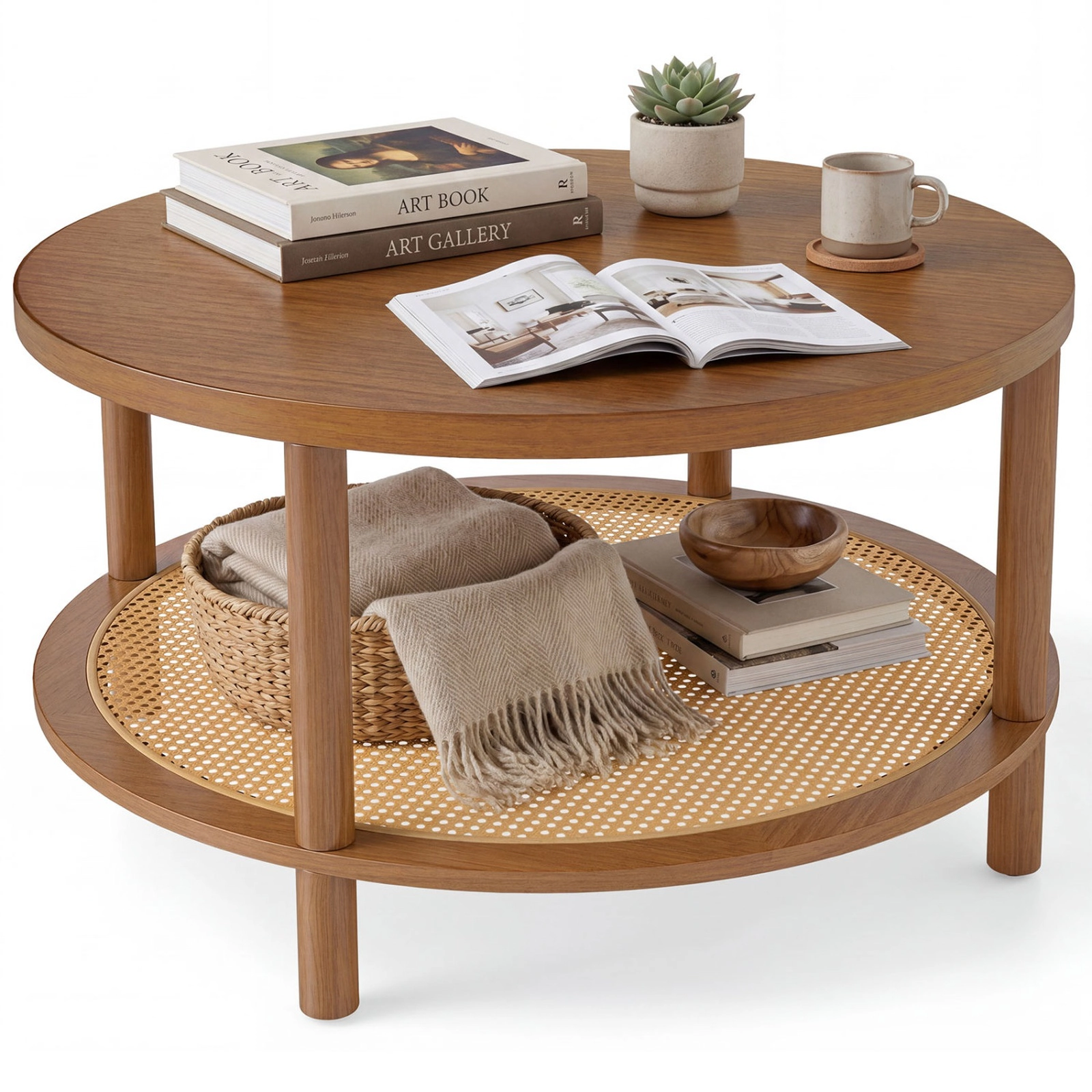 SUGIFT 2-Tier Round Wood Veneer Top PE Rattan Shelf Coffee Table 31.5-in x 31.5-in x 18-in 220-lb Capacity Walnut