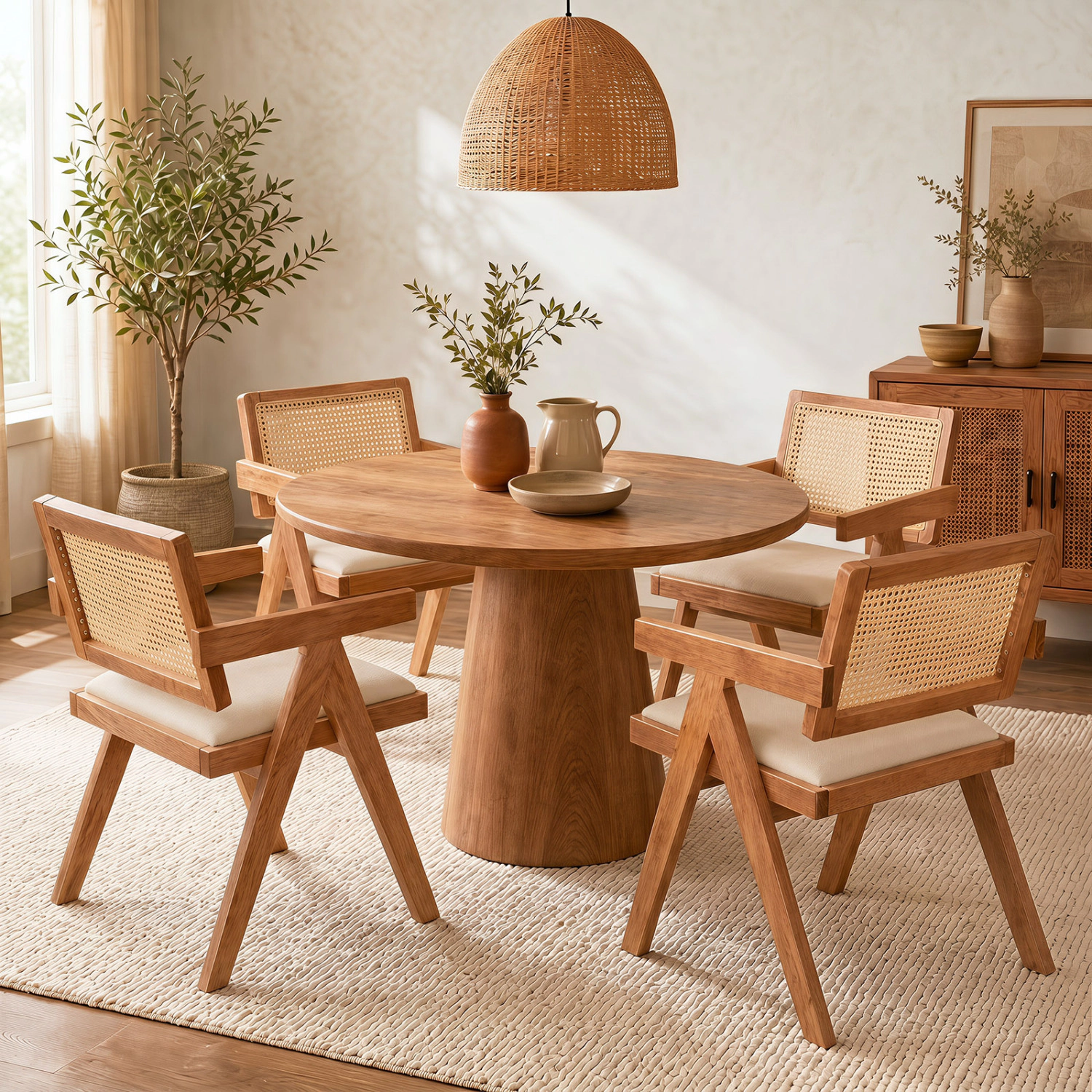 LJG Set of 2 Rattan Accent Chairs with Padded Cushion and Rubber Wood Frame