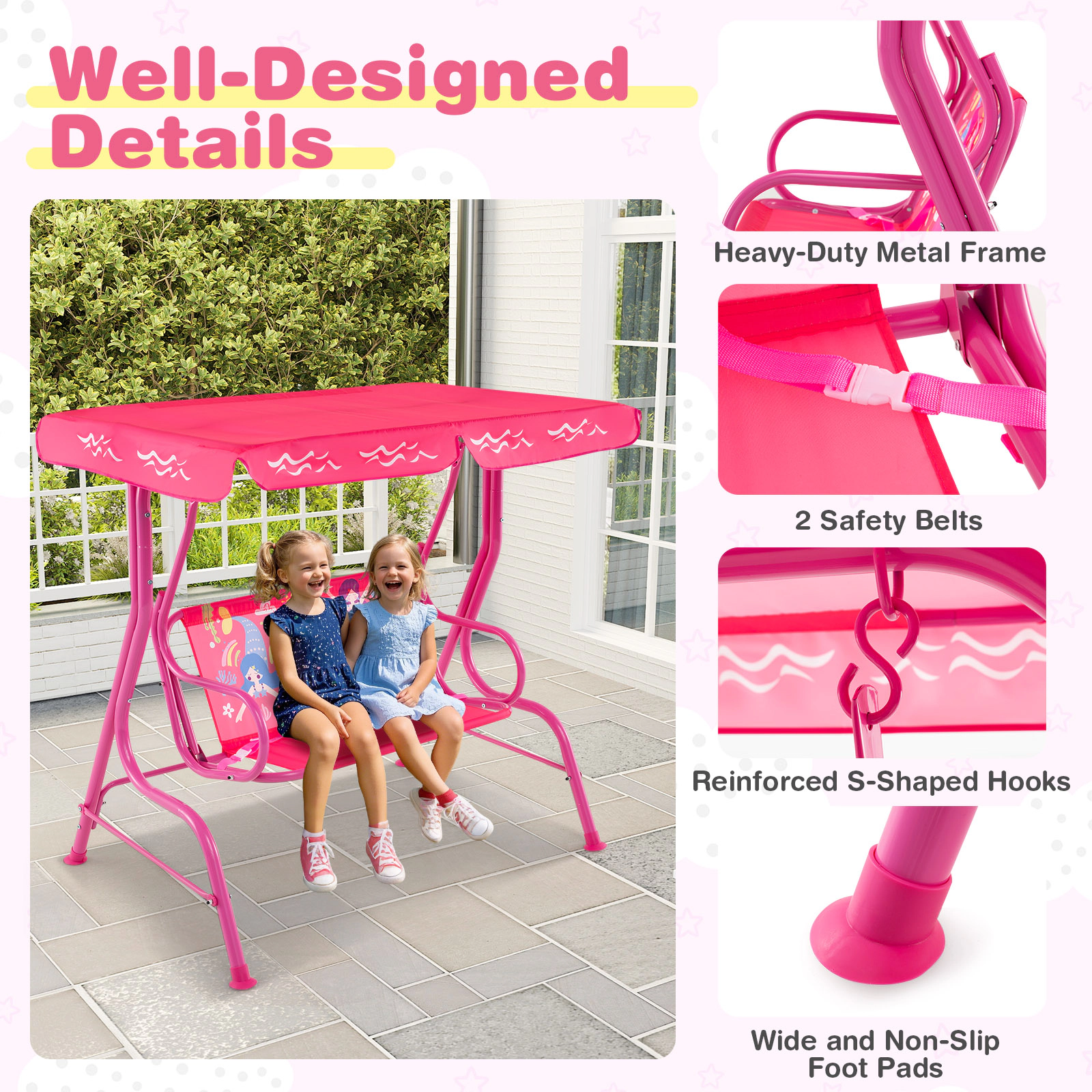 SUGIFT 2-Seat Kids Outdoor Swing with Metal Stand, Adjustable Canopy, Safety Belts, 180-lb Capacity, Pink