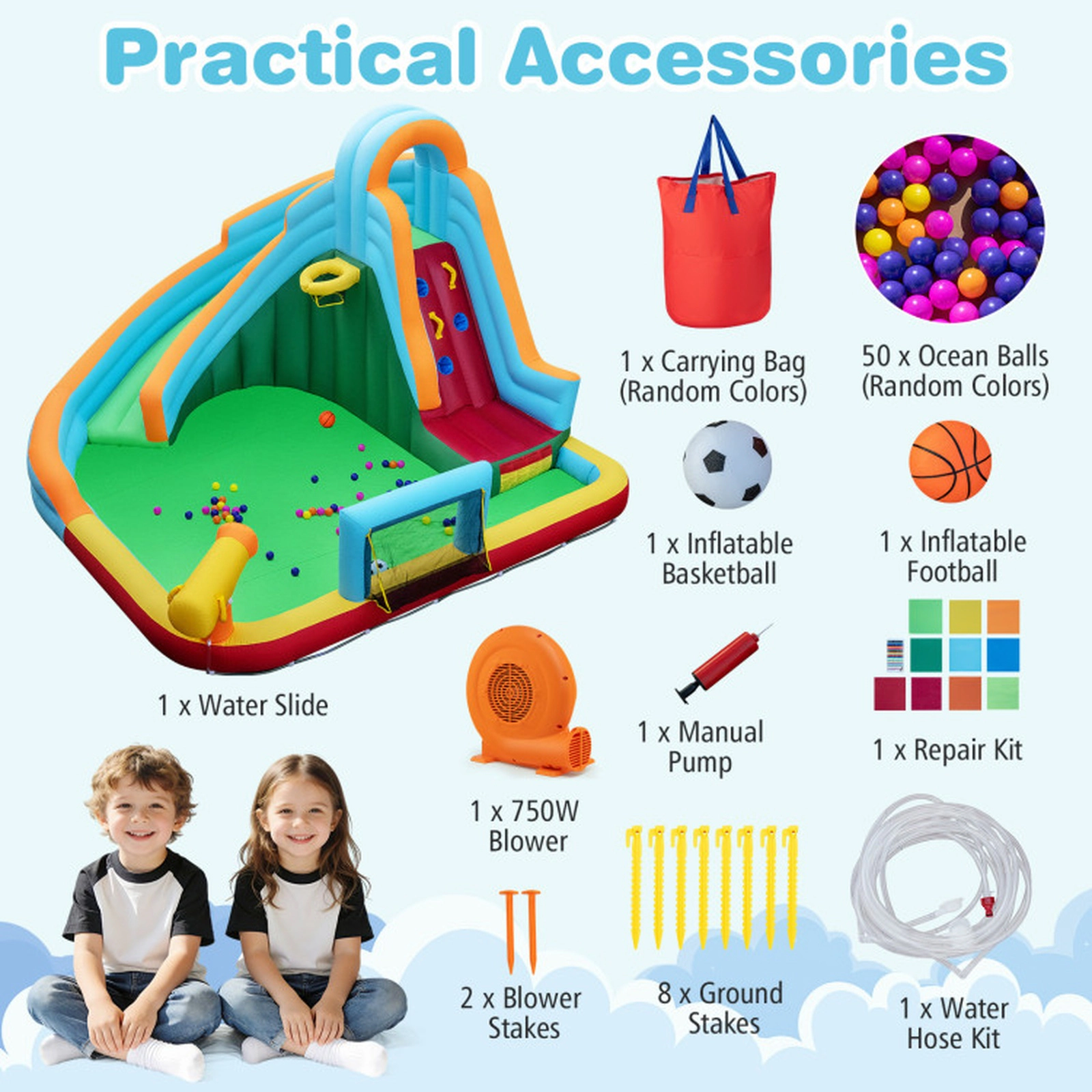 SUGIFT 6-in-1 200-lb Capacity Inflatable Water Slide Park with 11-ft Slide Splash Pool and 750W Blower