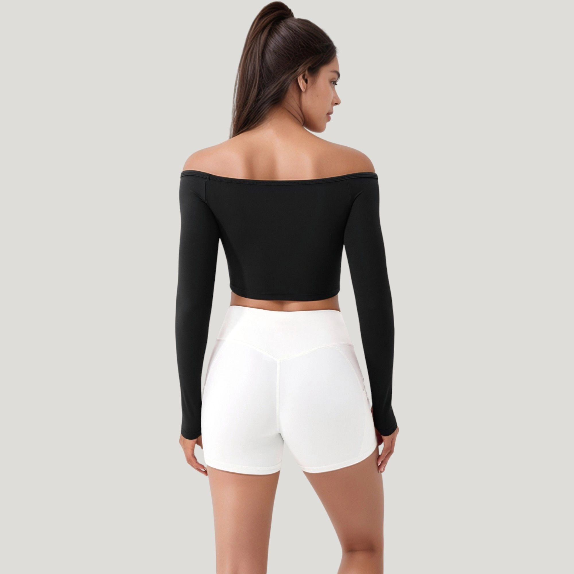 Anna-Kaci Women's Off Shoulder Long Sleeve Activewear Crop Top with Streamlined Fit and Lightweight Stretch Fabric