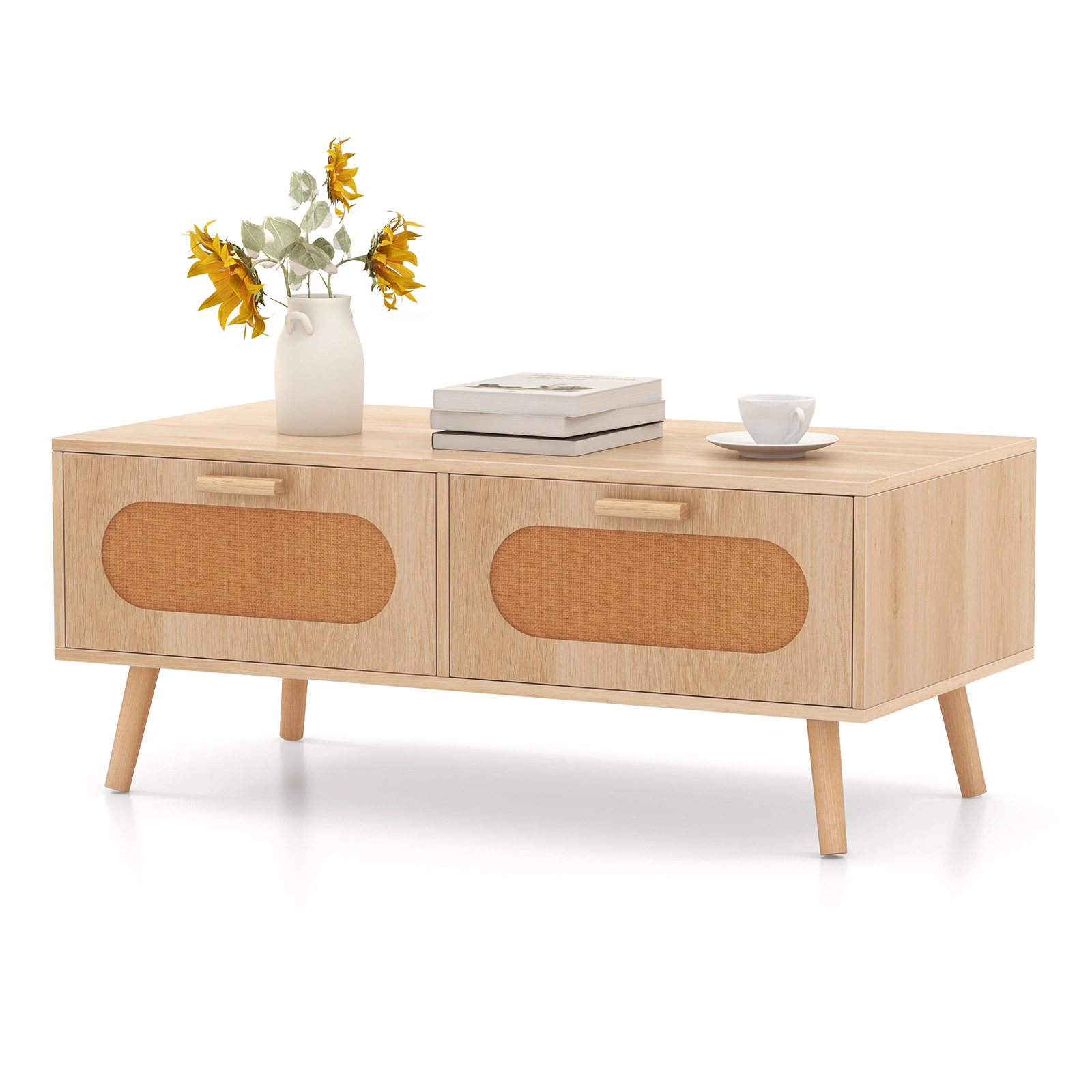 SUGIFT Rattan Coffee Table Mid Century Modern Center Table with 2 Storage Drawers 132-lb Tabletop Capacity Natural