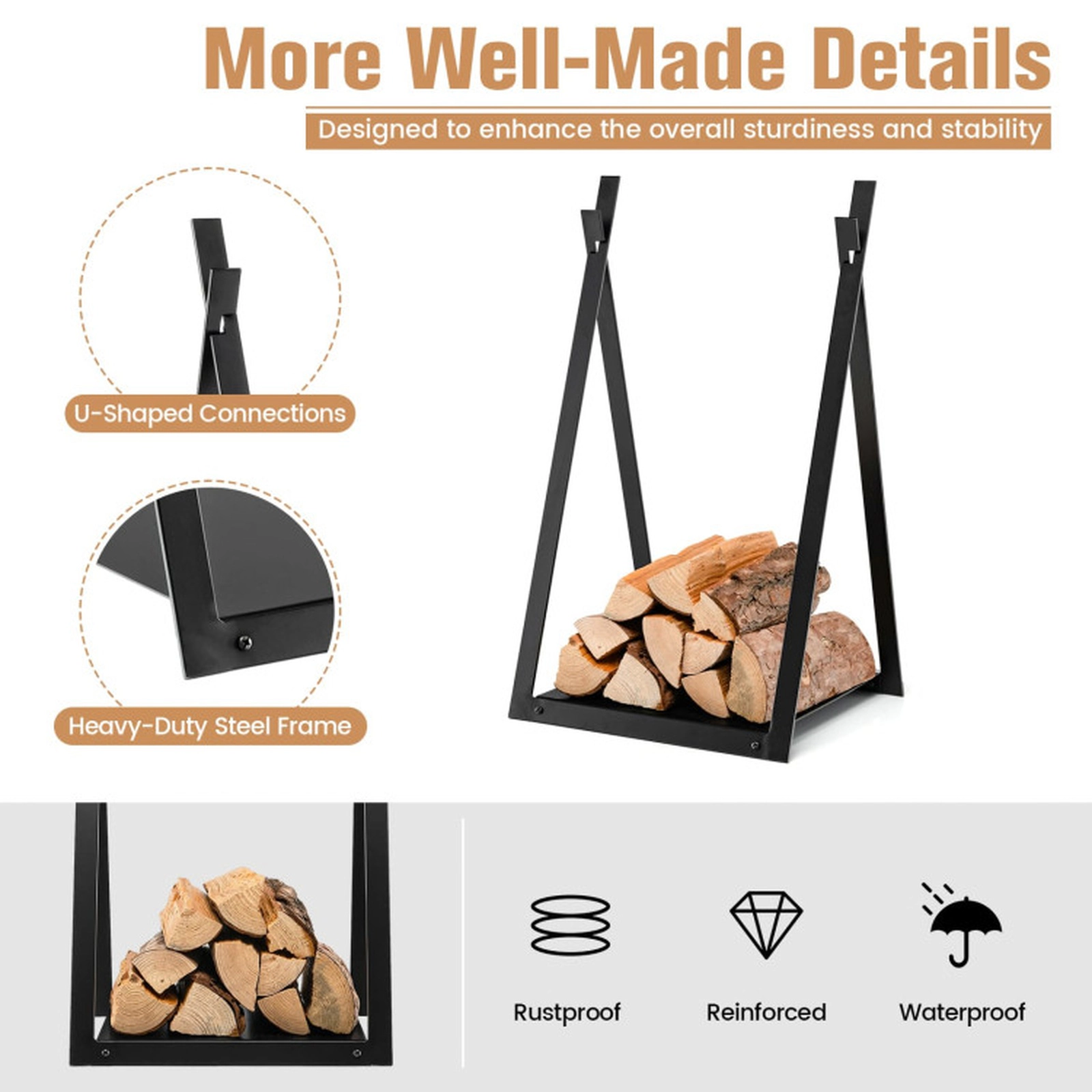 SUGIFT Black 132-lb Capacity Triangle Steel Firewood Rack Outdoor with Raised Solid Base and Square Tube Frame