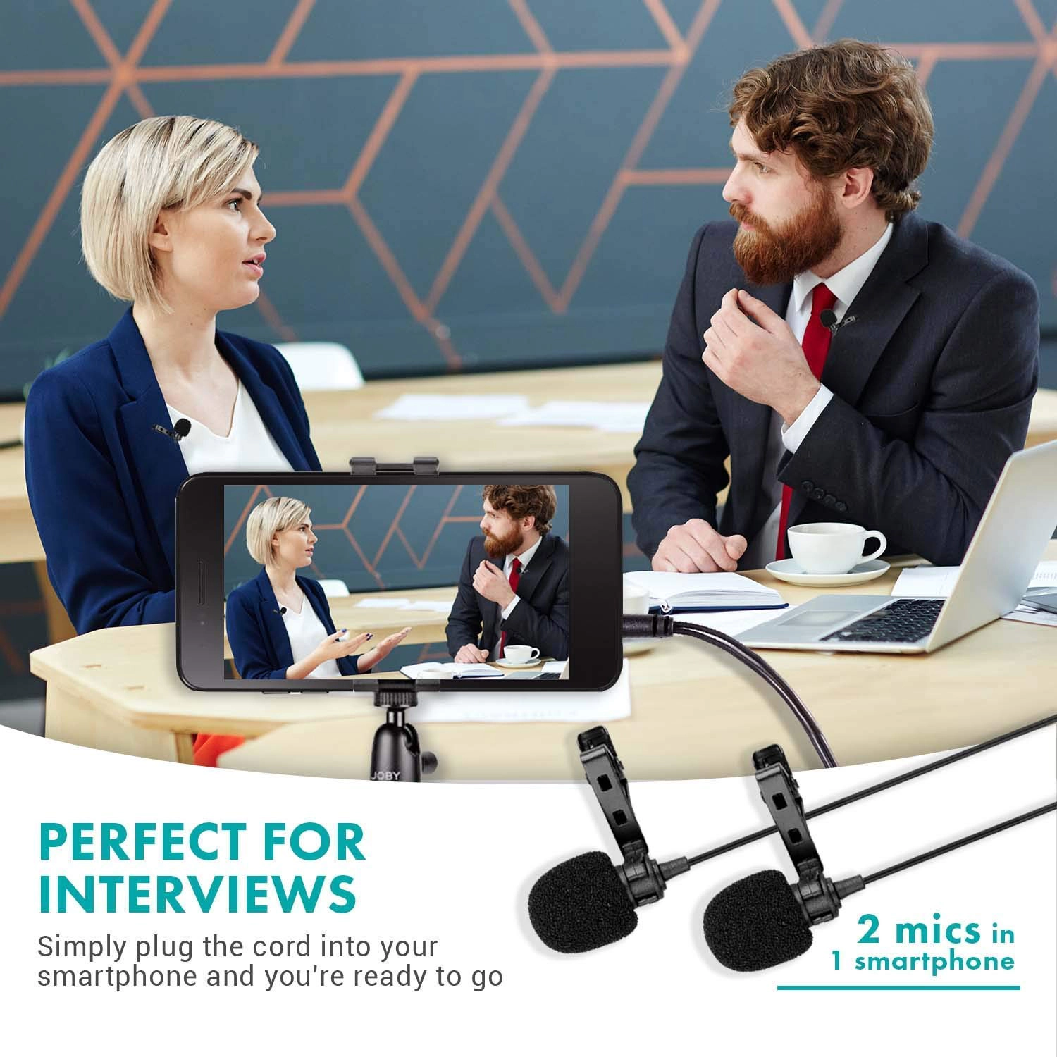 Movo Professional Lavalier Lapel Clip-on Interview Podcast Microphone with Secondary Mic and Headphone Monitoring Input