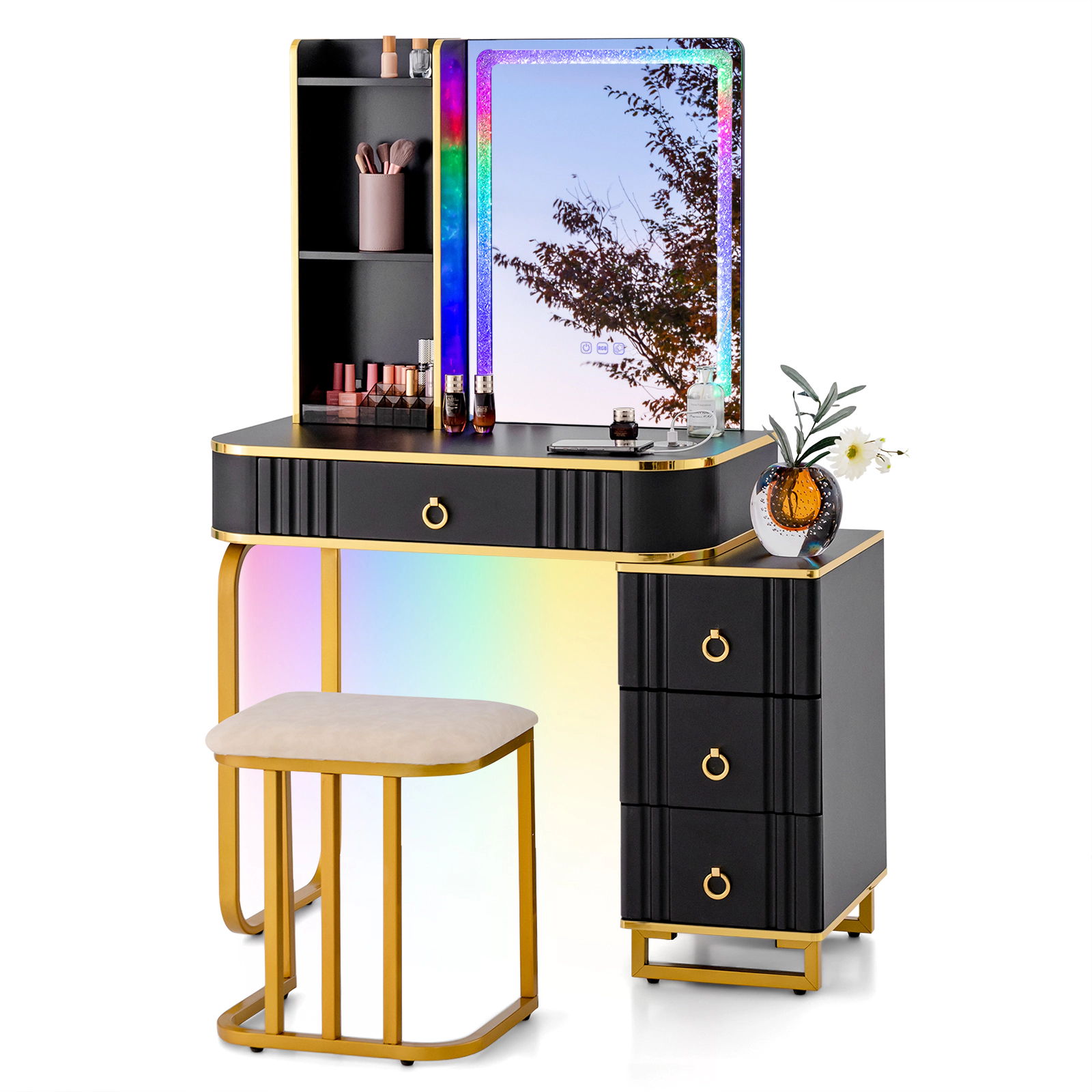 SUGIFT 2-Piece Black 54-Inch Vanity Desk Set with RGB Mirror Lights, Wireless Charging and Cushioned Stool