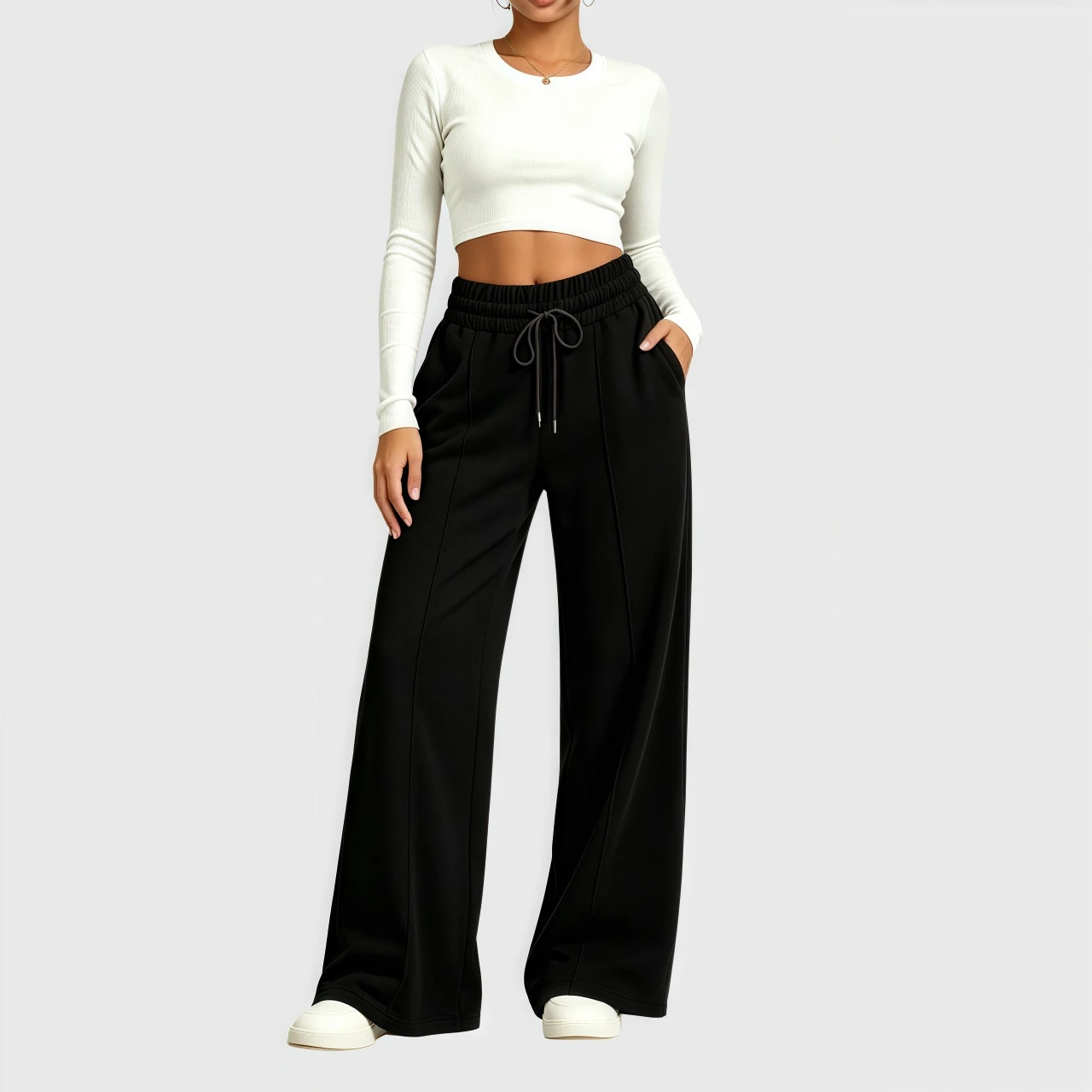 YesFashion Women Wide Leg Sweatpants Casual High Waist Middle Crease Lounge Yoga Pants with Pockets