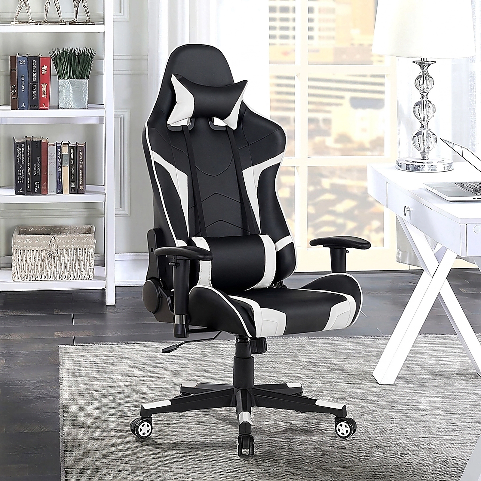 SUGIFT Reclining Swivel Massage Gaming Chair Lumbar Support 330-Lb Capacity 29-in Wide Seat Adjustable Backrest White