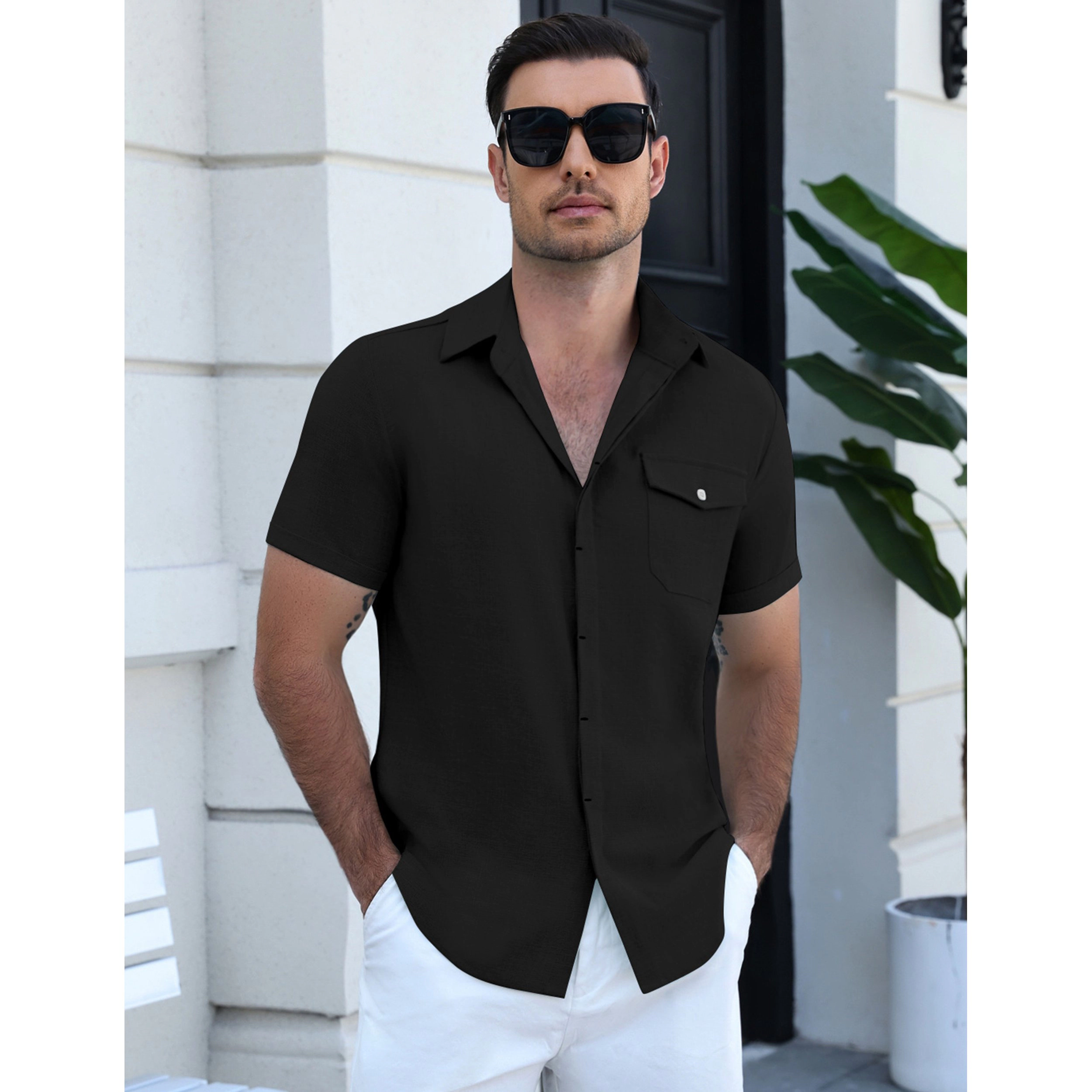 COOFANDY Men's Linen Cotton Short Sleeve Button Down Shirt