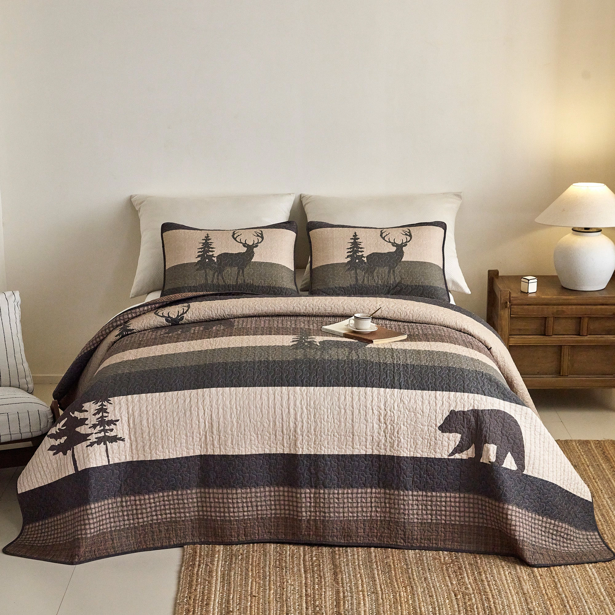 MarCielo 3 Pieces 100% Cotton Rustic Lodge Bear & Deer Forest Quilt Bedspread Set