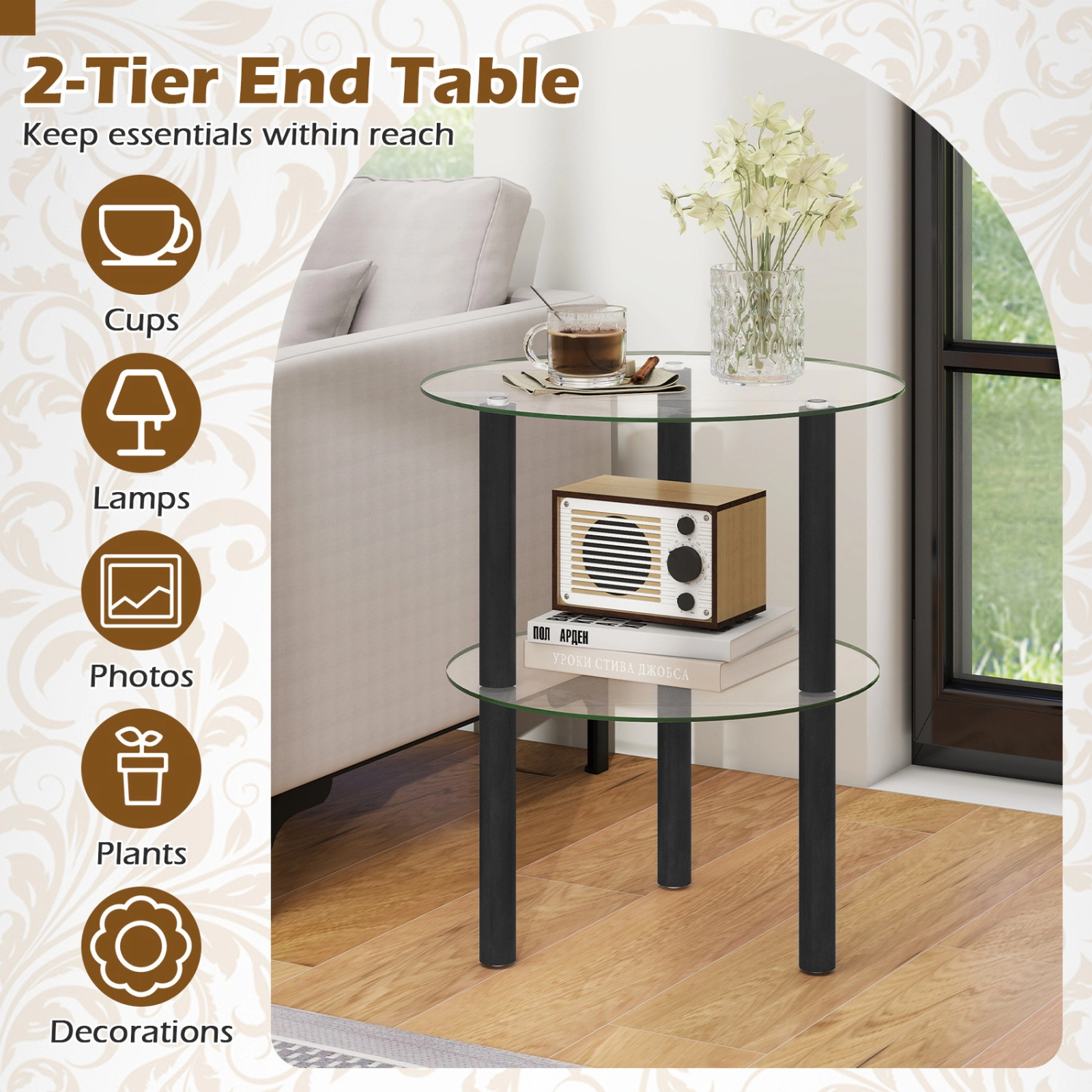 SUGIFT Round Tempered Glass Top Rubber Wood Legs 2 Tier Storage End Table In Black