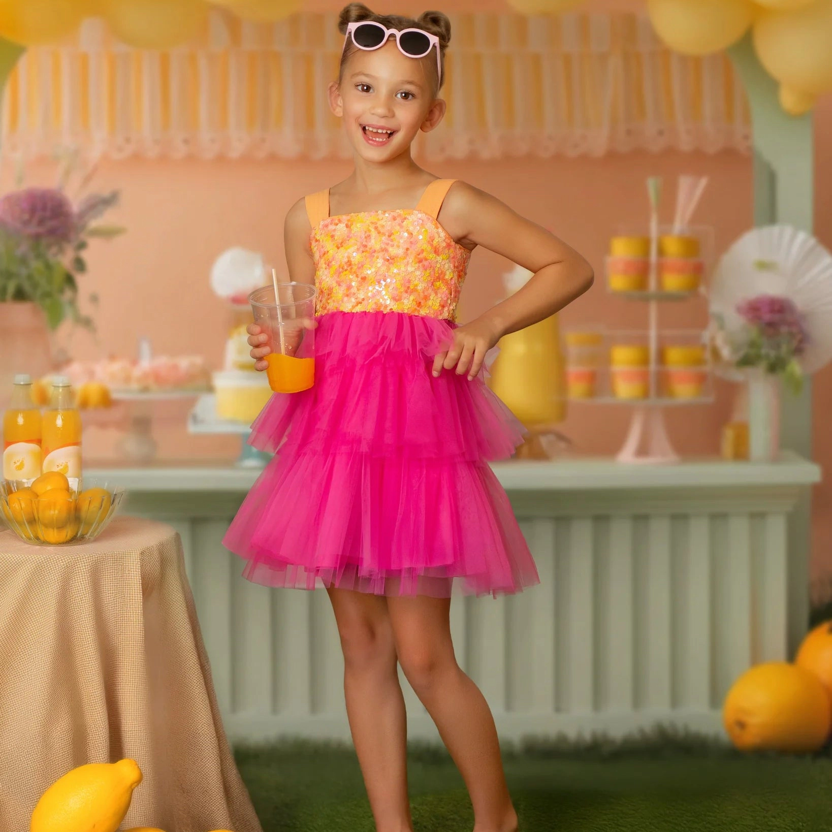 Faeella Girls Pink Lemonade Sequin Tiered Tulle Birthday Dress