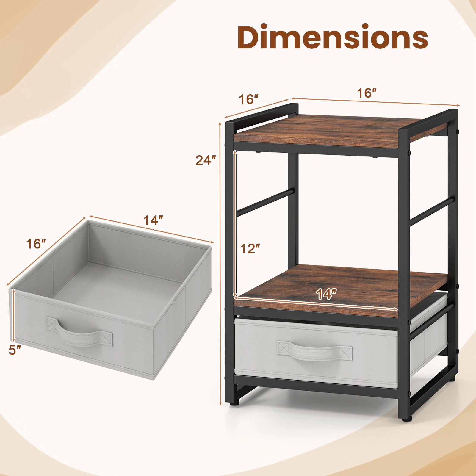 Glintex Industrial Nightstand with Removable Fabric Drawer and Anti-Falling Guardrails, Rustic Brown