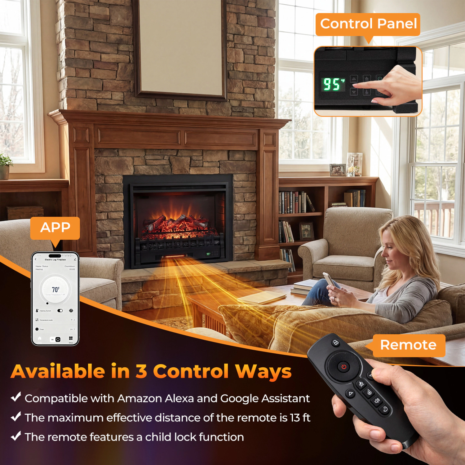 SlickBlue 1500W Infrared Electric Fireplace Logs with Smart Control