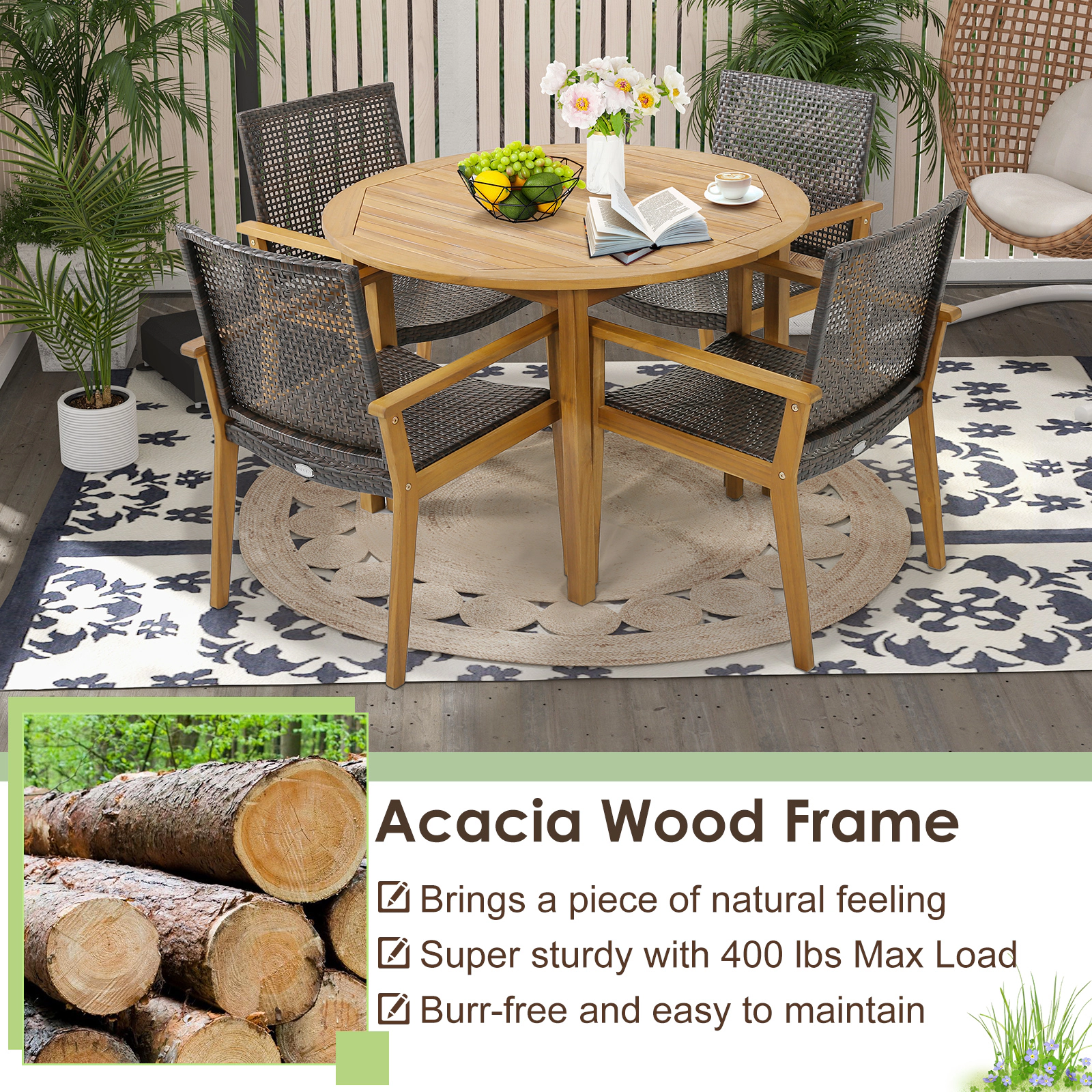 LJG Set of 4 Outdoor Rattan Chair with Sturdy Acacia Wood Frame