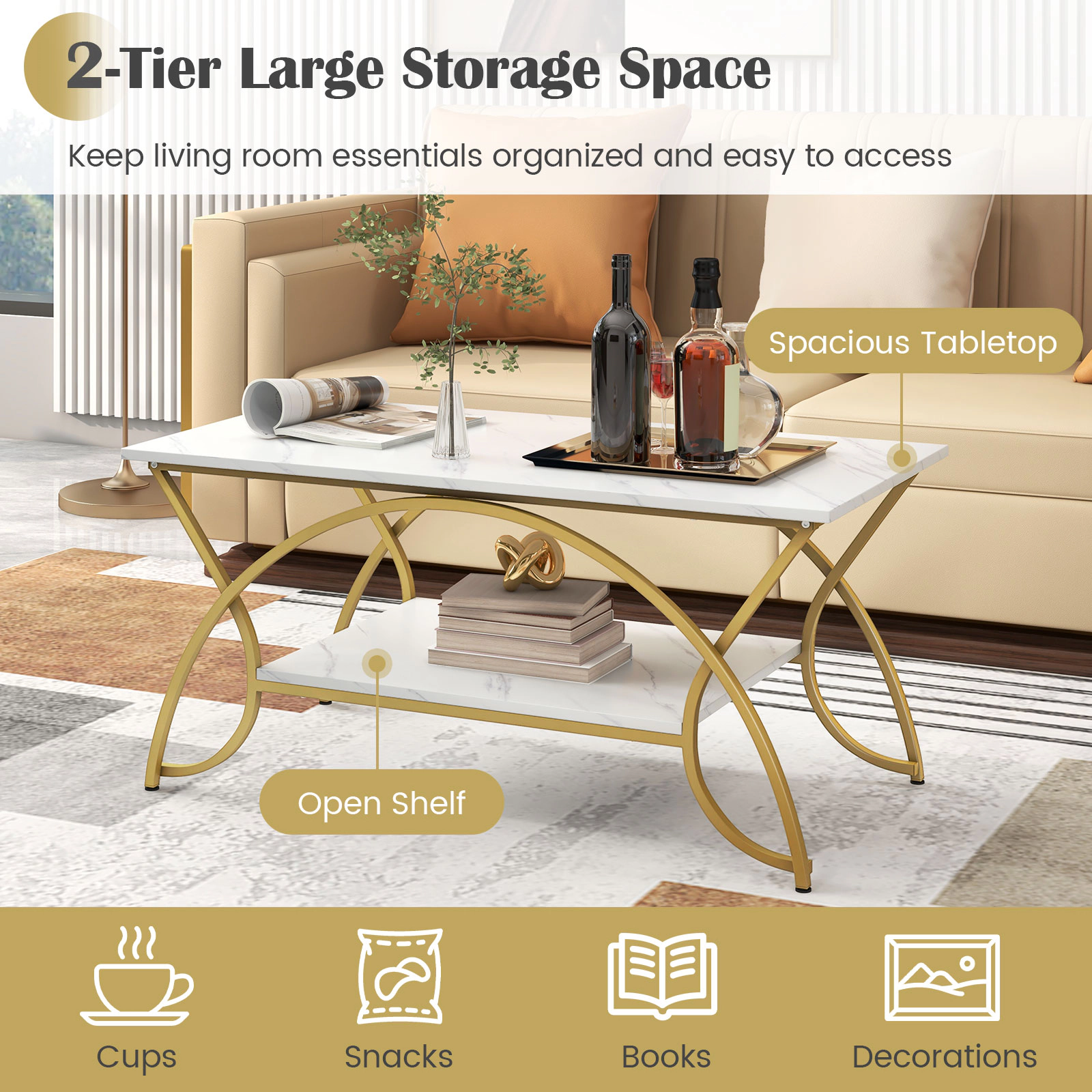 SUGIFT 2-Tier Rectangular Coffee Table with 39.5-in Top 110-lb Tabletop Capacity Golden White Marble Pattern Top