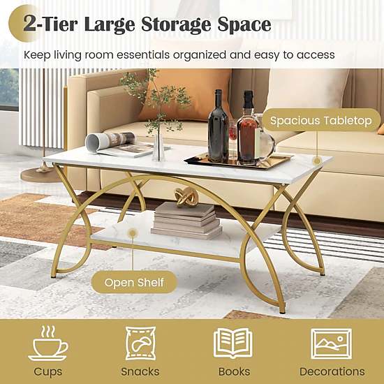 Glintex 2-Tier 39.5-Inch Faux Marble Coffee Table with Arched Metal Frame