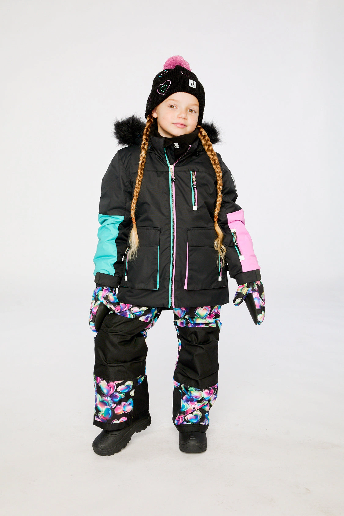 Deux par Girls Colorblock Two Piece Play Snowsuit with Hooded Jacket and Heart Print Snow Pants