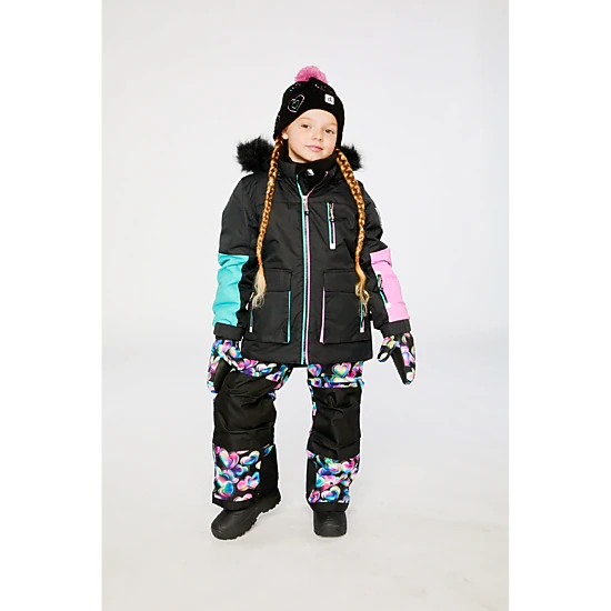 Deux par Deux Girls Colorblock Two Piece Play Snowsuit with Hooded Jacket and Heart Print Snow Pants