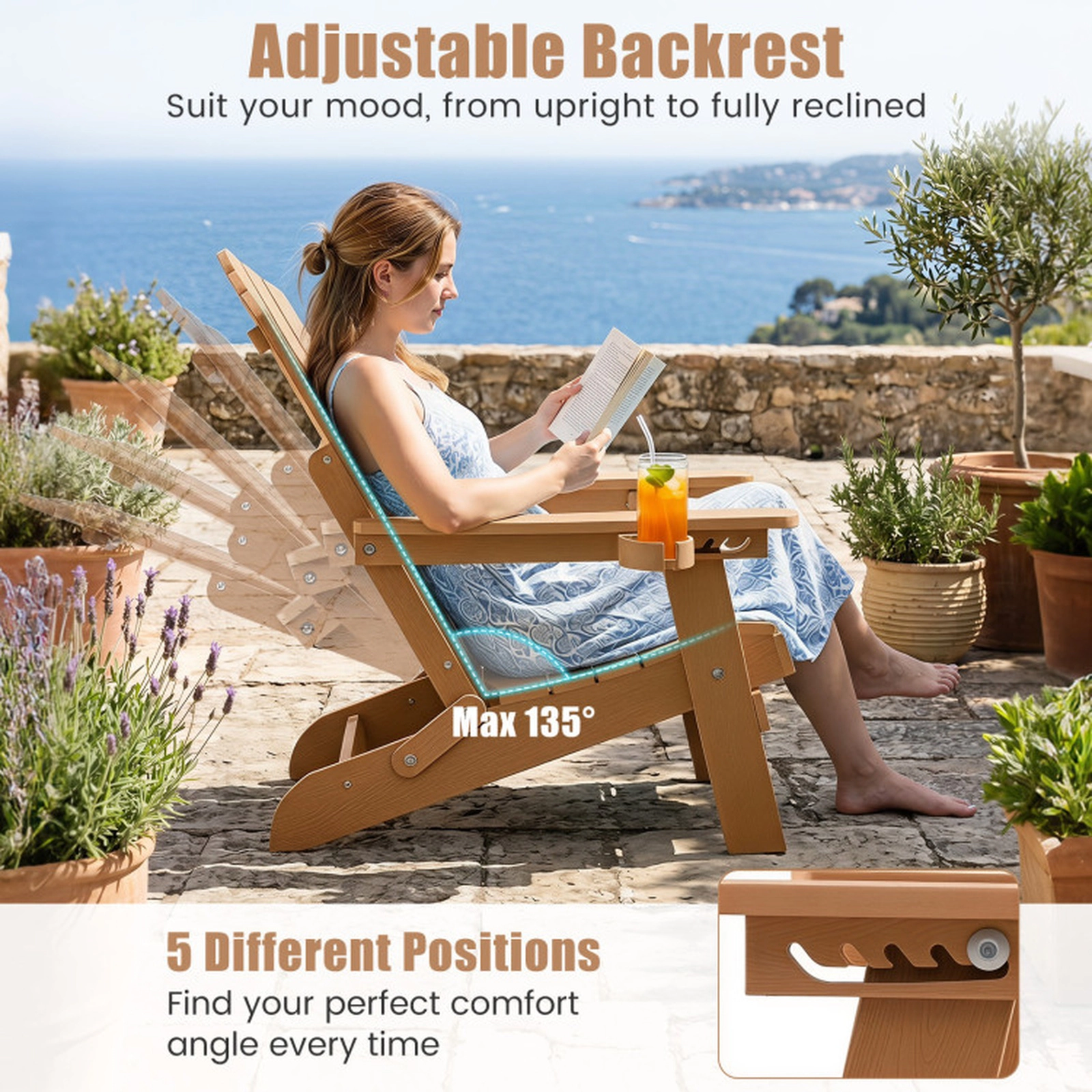 SUGIFT Coffee Cup Holder and 5-Level Backrest Outdoor Folding Adirondack Chair