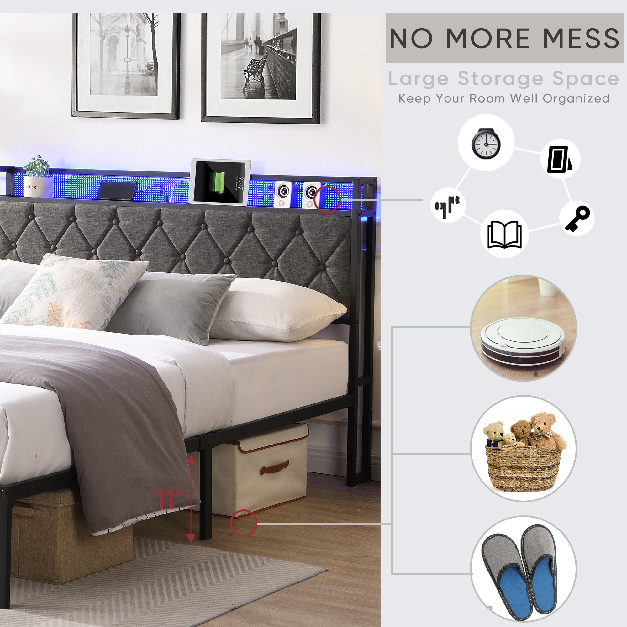 Flynama Full Upholstered Storage Bed with LED Headboard & Charging Station, Dark Gray