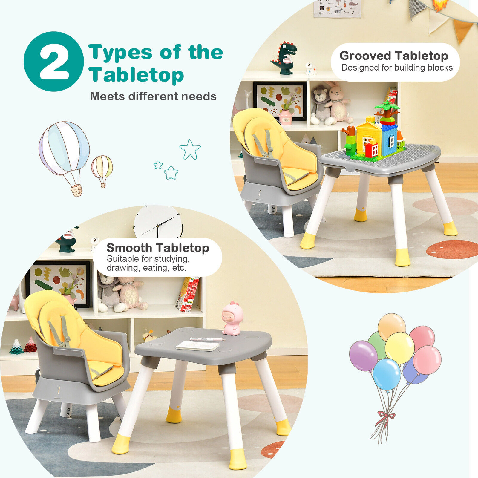 SUGIFT 6-in-1 Convertible Baby High Chair with Adjustable Removable Tray 55-lb Capacity Ages 6-36 Months Yellow