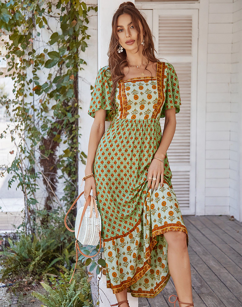 KOJOOIN Women's Boho Floral Maxi Dress Square Neck Puff Short Sleeve Ruffle Flowy Summer Beach