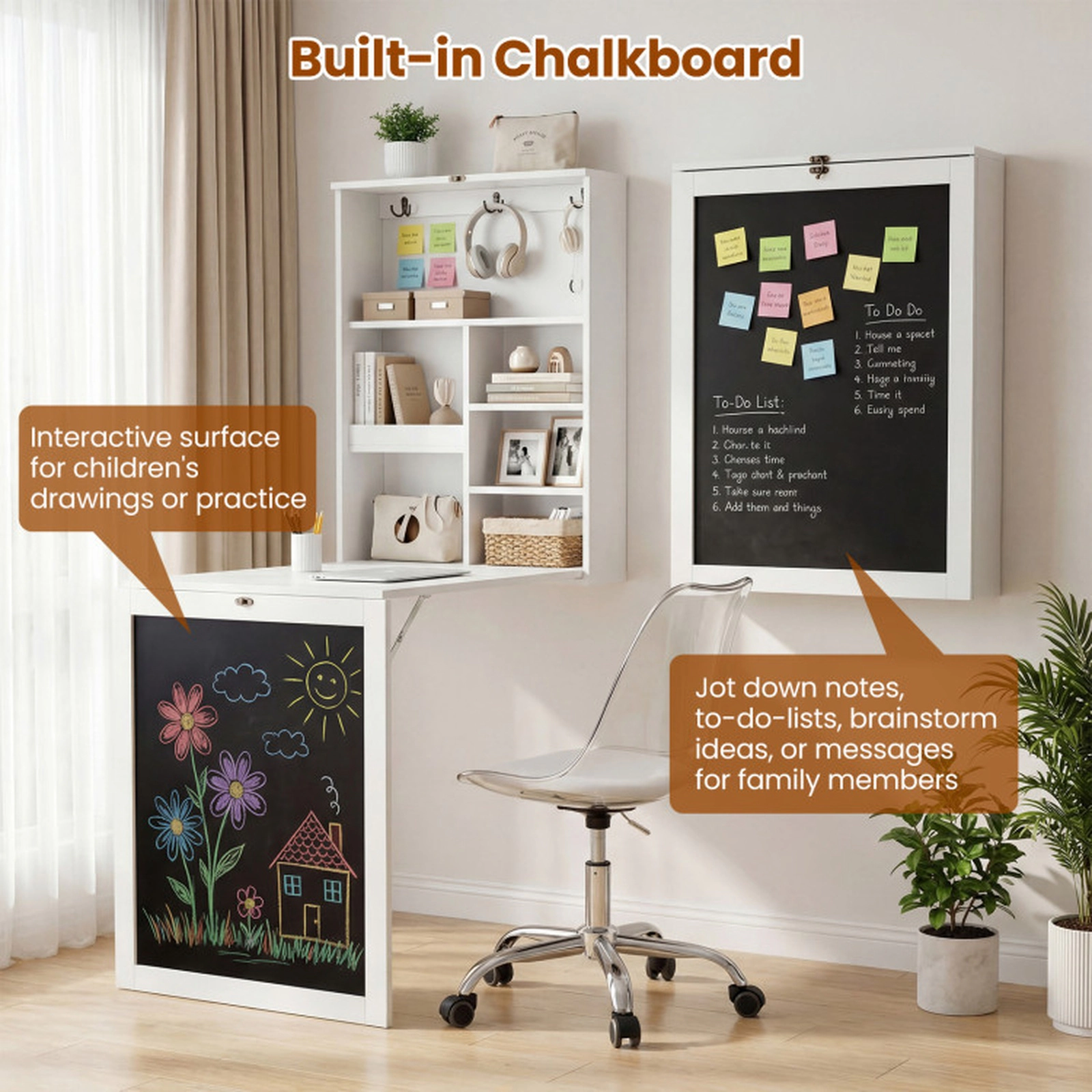 SUGIFT Convertible Wall Mounted Folding Lap Desk with Chalkboard 110-lb Tabletop Capacity White/Black/Gray