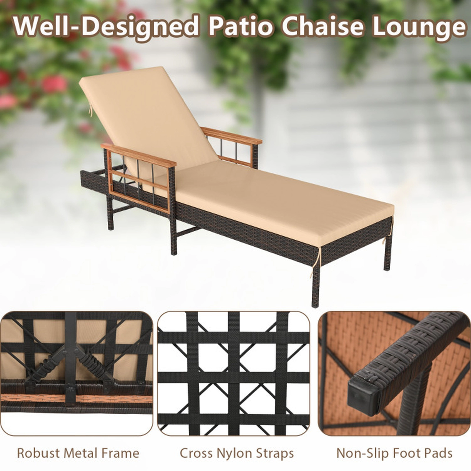 SUGIFT 4-Level Adjustable Patio Rattan Chaise Lounge with Cushions 400-lb Capacity Mix Brown Rattan Beige Cushions