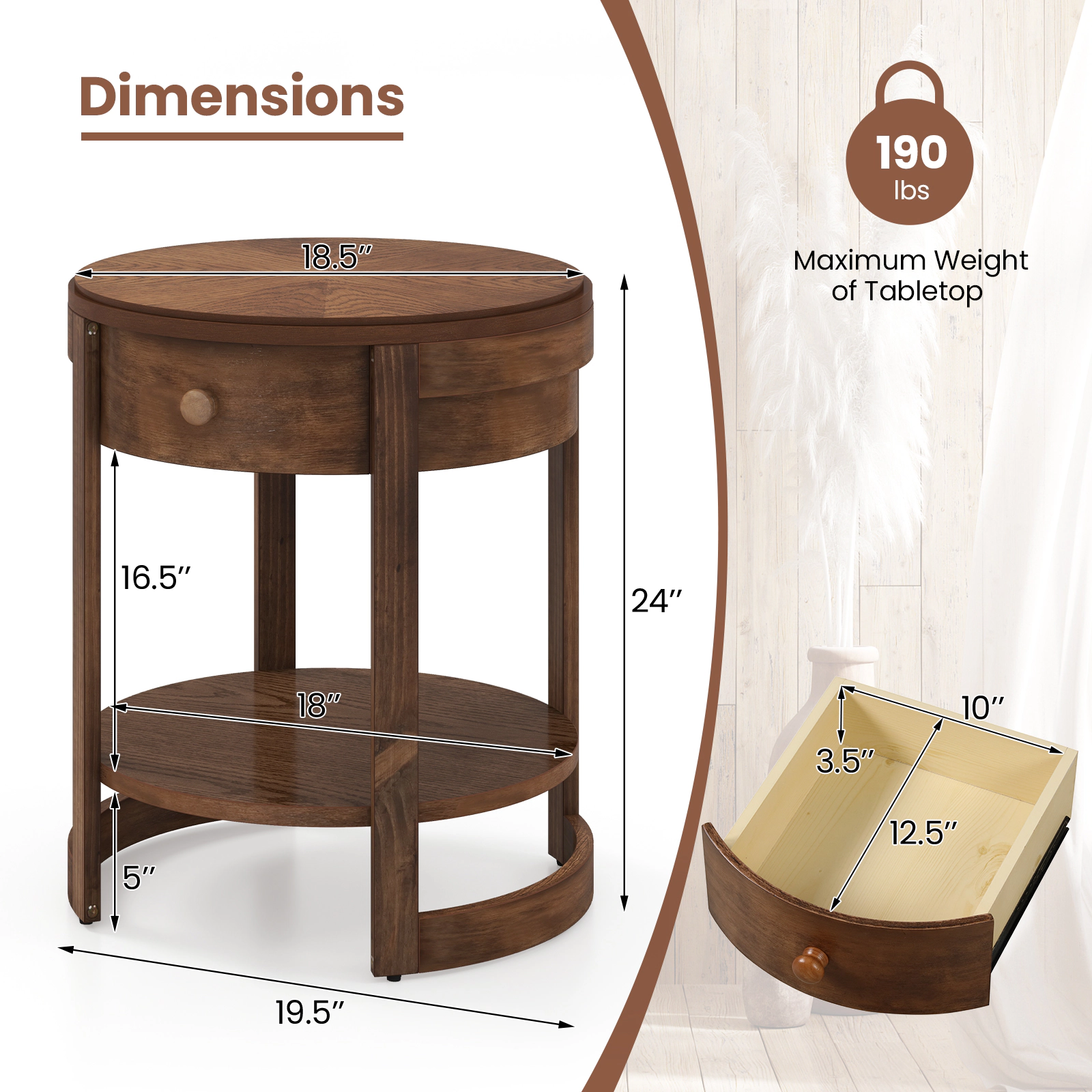 SUGIFT 24-In Round Mid-Century Modern Nightstand with Drawer and Open Shelf