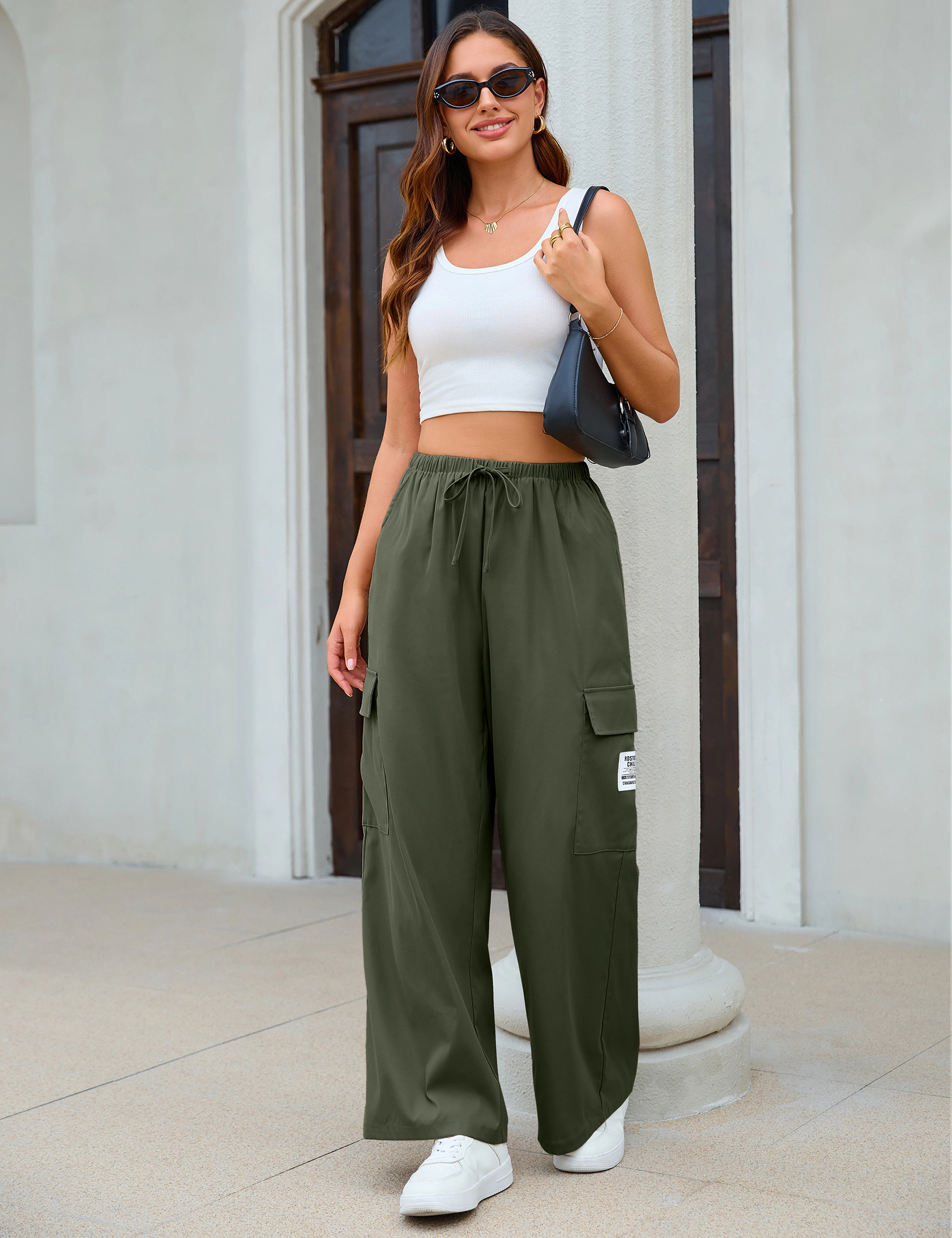 KOJOOIN Women Casual Cargo Palazzo Drawstring Waist Pants Side Pocket Wide Leg Sweatpants