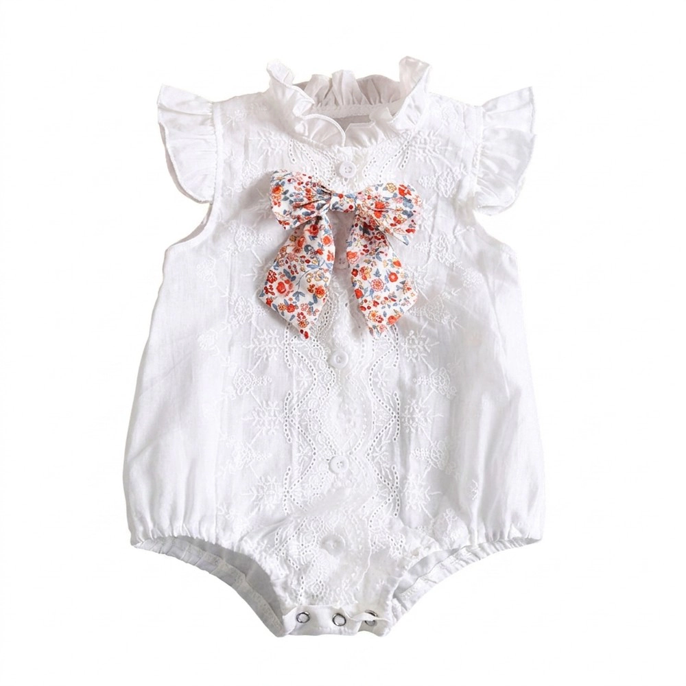MyKids-USA Baby Girl Sleeveless Embroidered Romper, Round Neck Mullet Hem with Bows