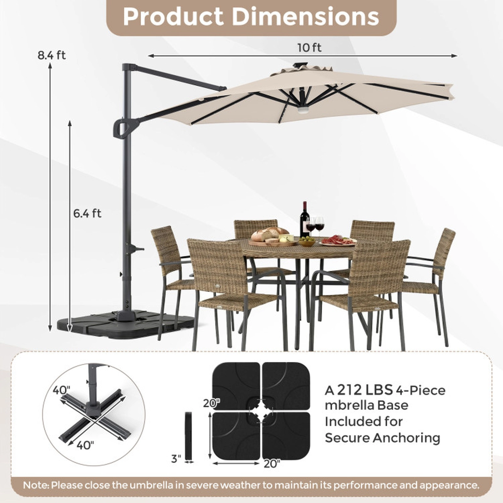 SUGIFT 35 Solar LED Lights and 220 LB Base 10 FT Square Cantilever Patio Umbrella