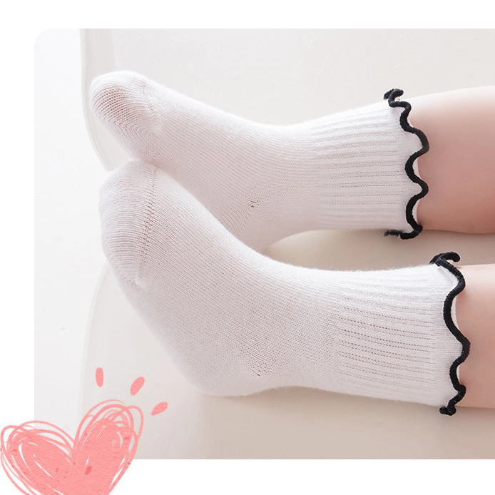 MyKids-USA Baby Girls Solid Beige Ruffle Fringe Crew Socks