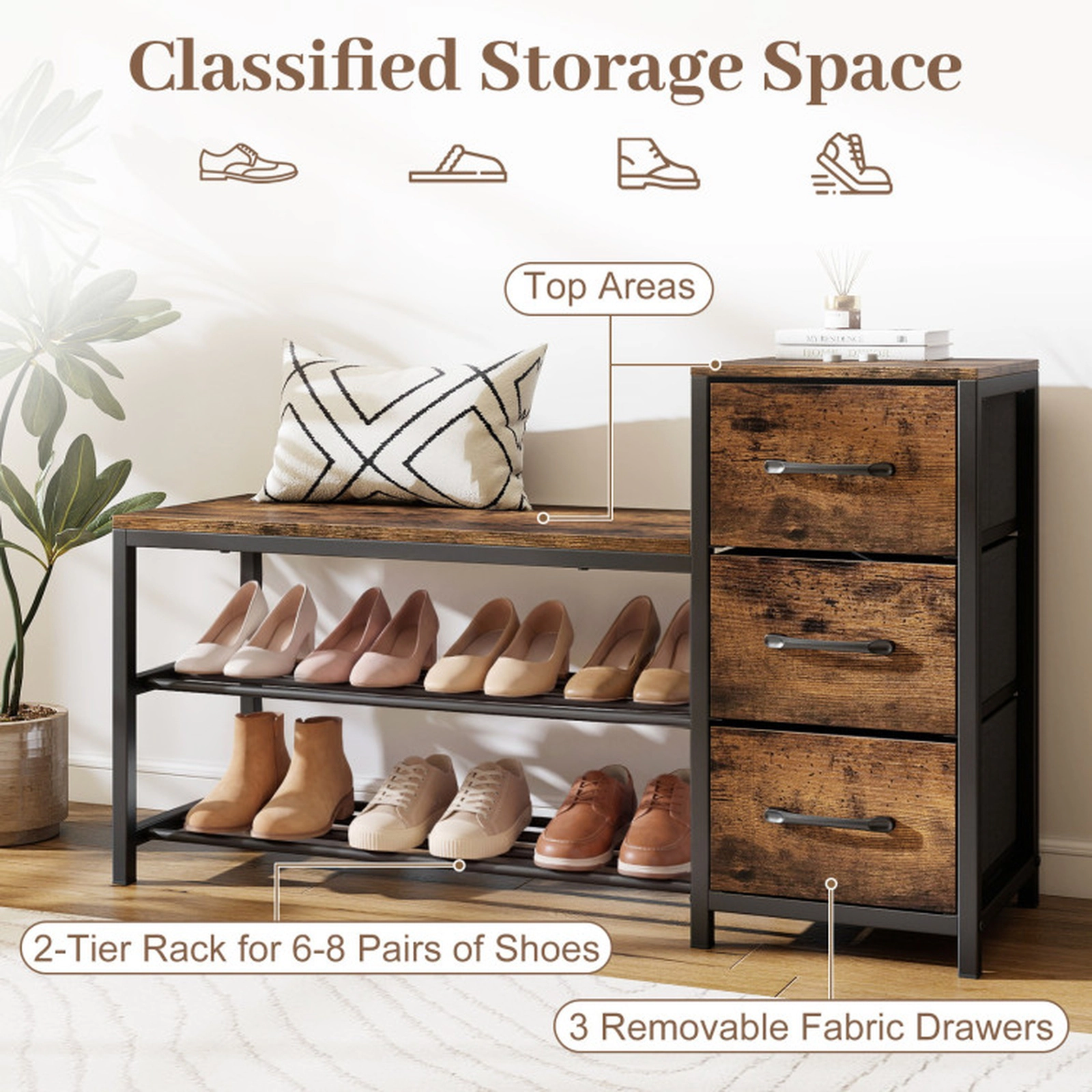 SUGIFT Rustic Brown 3 Removable Fabric Drawers and Anti-Toppling Kits 3-Tier Industrial Shoe Bench