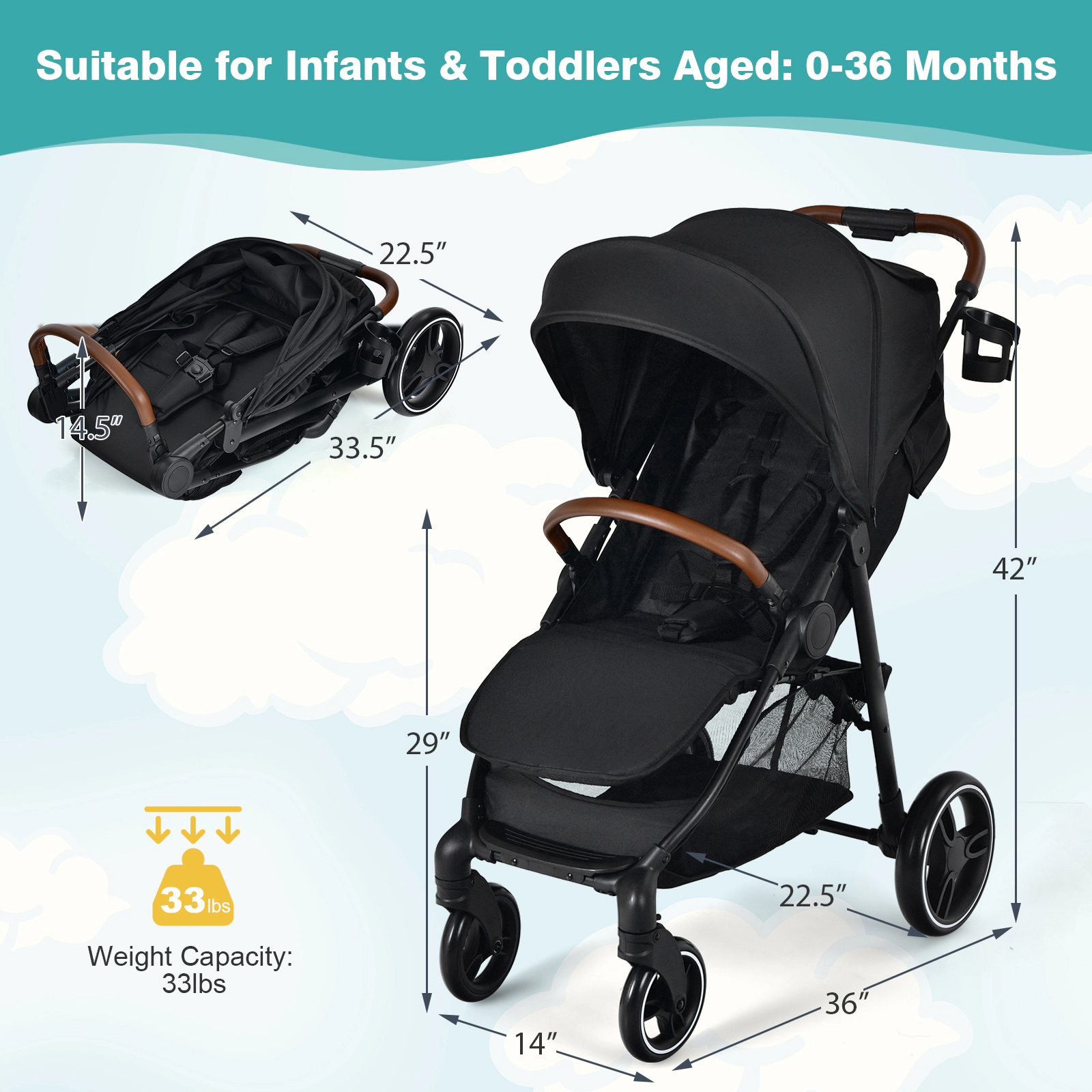SlickBlue Kids Stroller with Adjustable Bassinet, Reversible Seat and Canopy